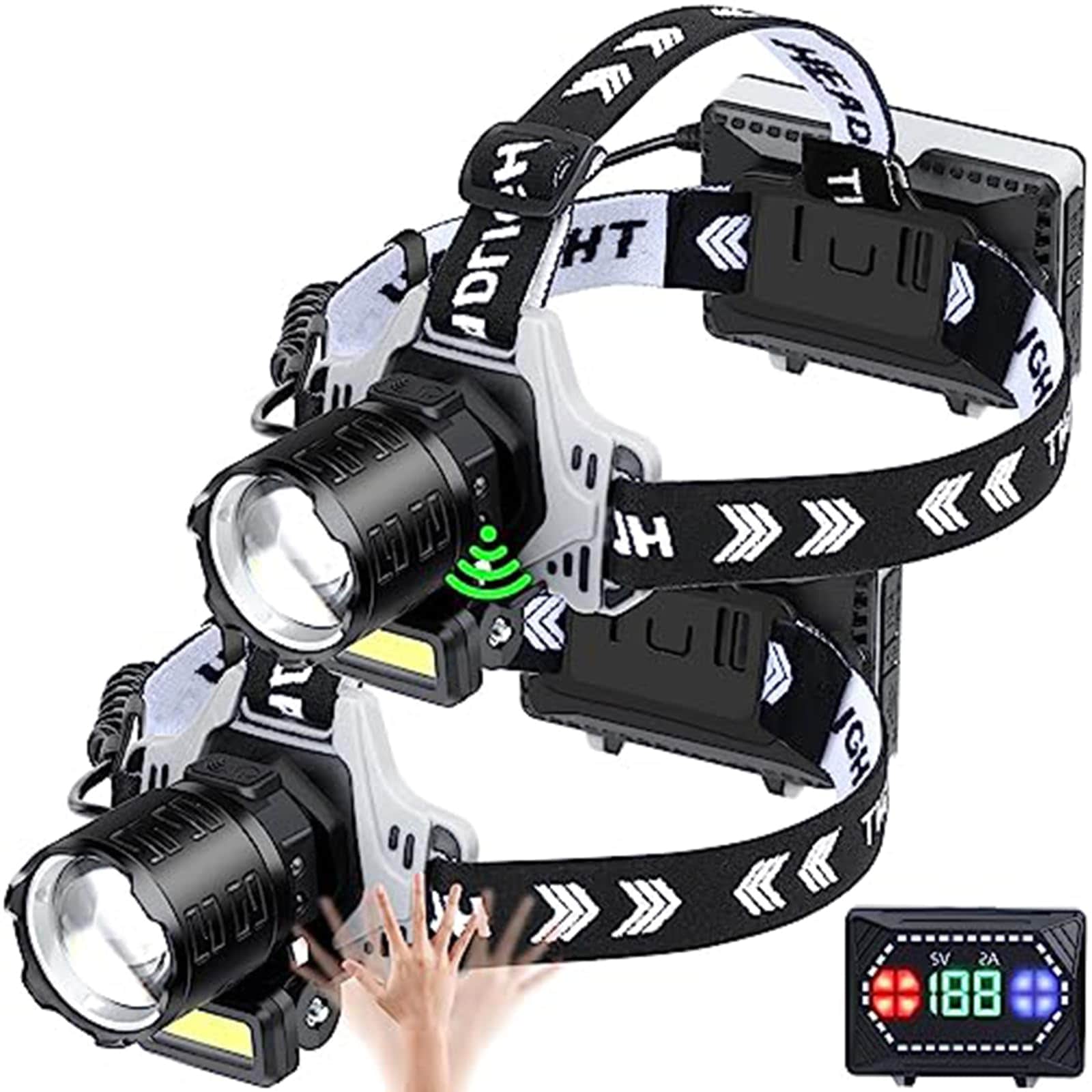 ITOPFOX  LED Headlamp renewable power 1000 Lumens Super Bright with 10 Modes Motion Sensor 2 Pack Zoomable IPX7 Waterproof 135 Degree Adjustable
