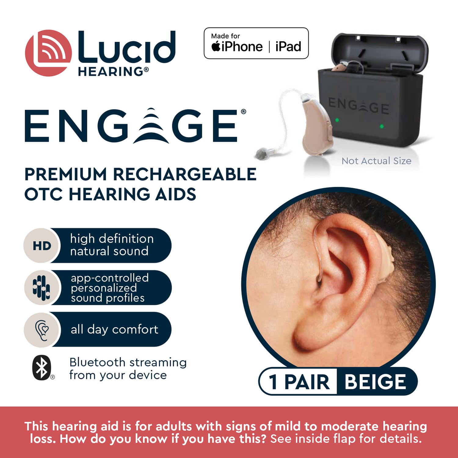 Lucid Audio Engage Premium Rechargeable OTC Hearing Aids IOS Reusable ...