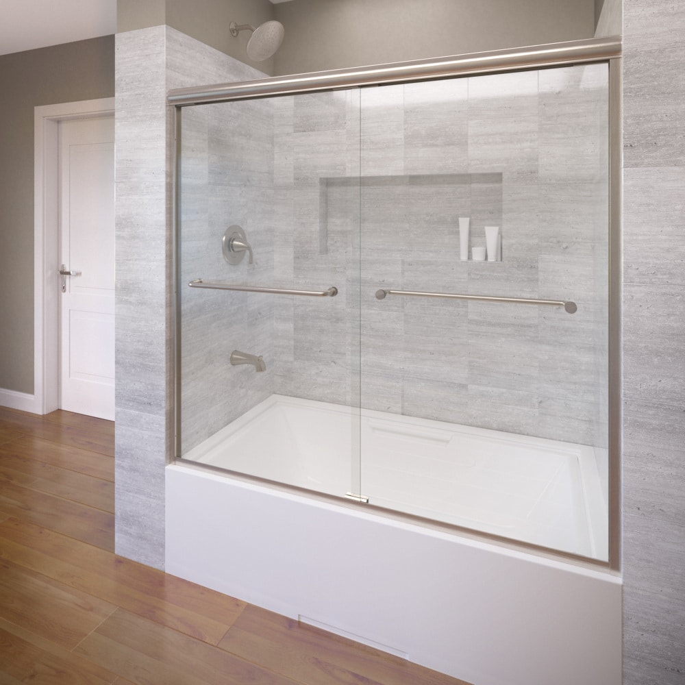 Euro Brushed Nickel 54-1/2-in to 58-1/2-in x 57-in Semi-frameless Bypass Sliding Soft Close Bathtub Door | - American Standard AM00350400.006