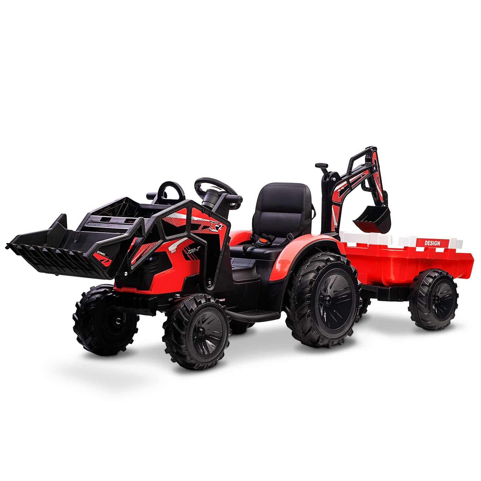 WhizMax PD-VNM-1E9GN8MA 3-in-1 Kids 24V Ride-On Tractor-Excavator-Bulldozer-With Trailer-Remote Control-LED Lights-Music-USB-Red