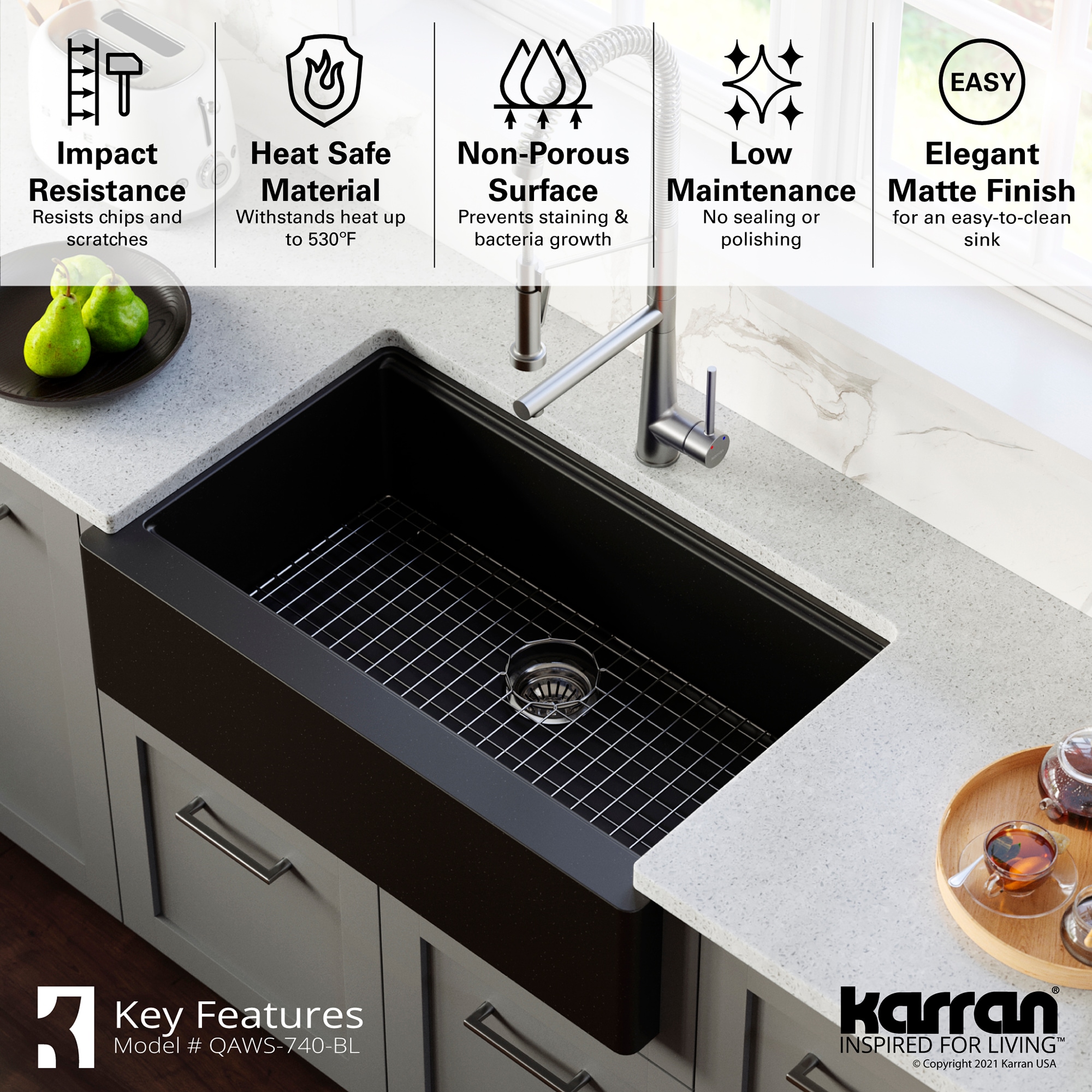 Karran Farmhouse Apron Front 34-in x 21.25-in Black Quartz Single Bowl ...