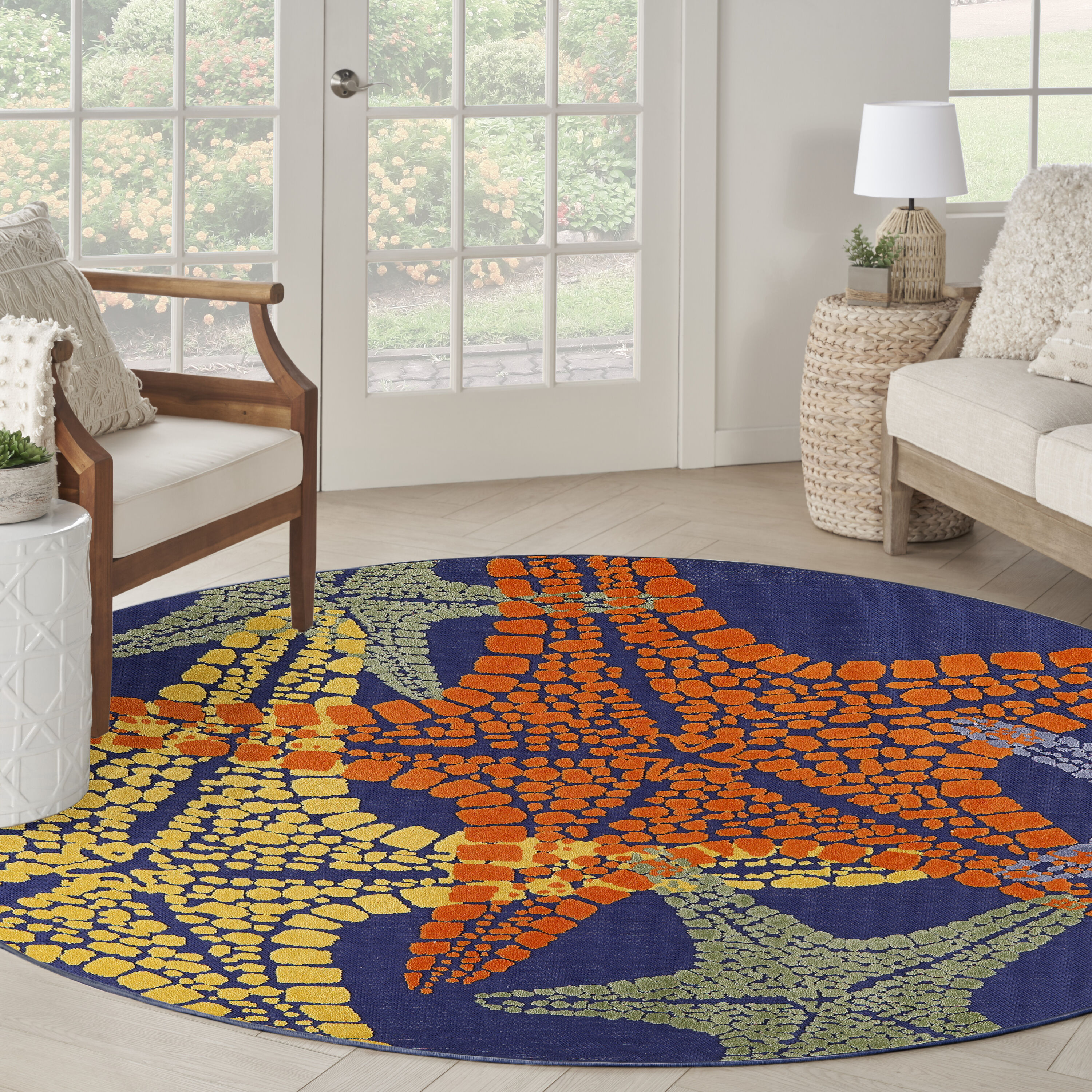 Nourison Home 099446921710 Aloha 5 x 5 (ft) Loomed Polypropylene Blue Multicolor Round Indoor/Outdoor Animal print Tropical Area rug