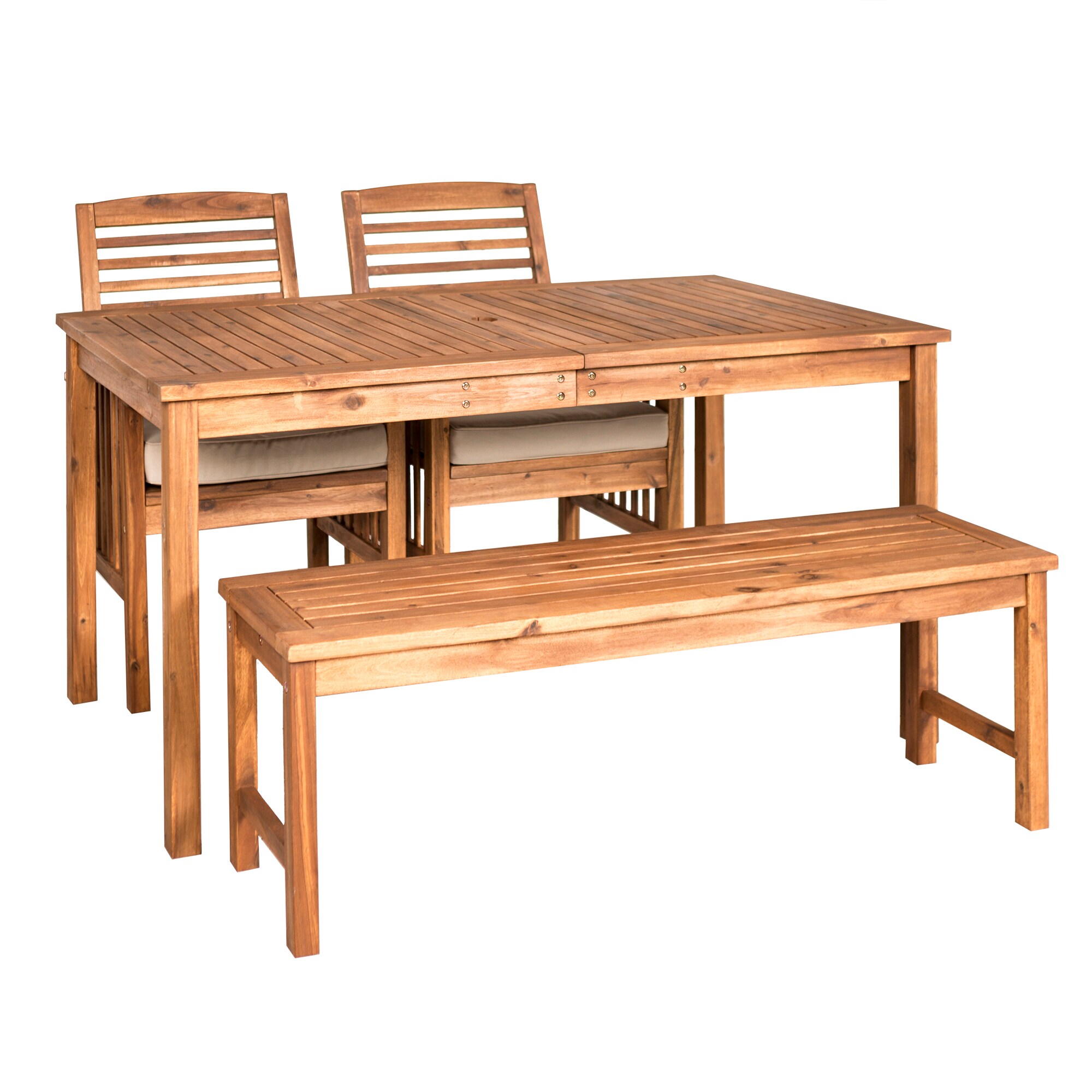 Walker Edison LWW4SDTBR 4 -Piece Brown Patio Dining Set Wood Rectangle Table with 2 Tan Cushions Stationary Chairs