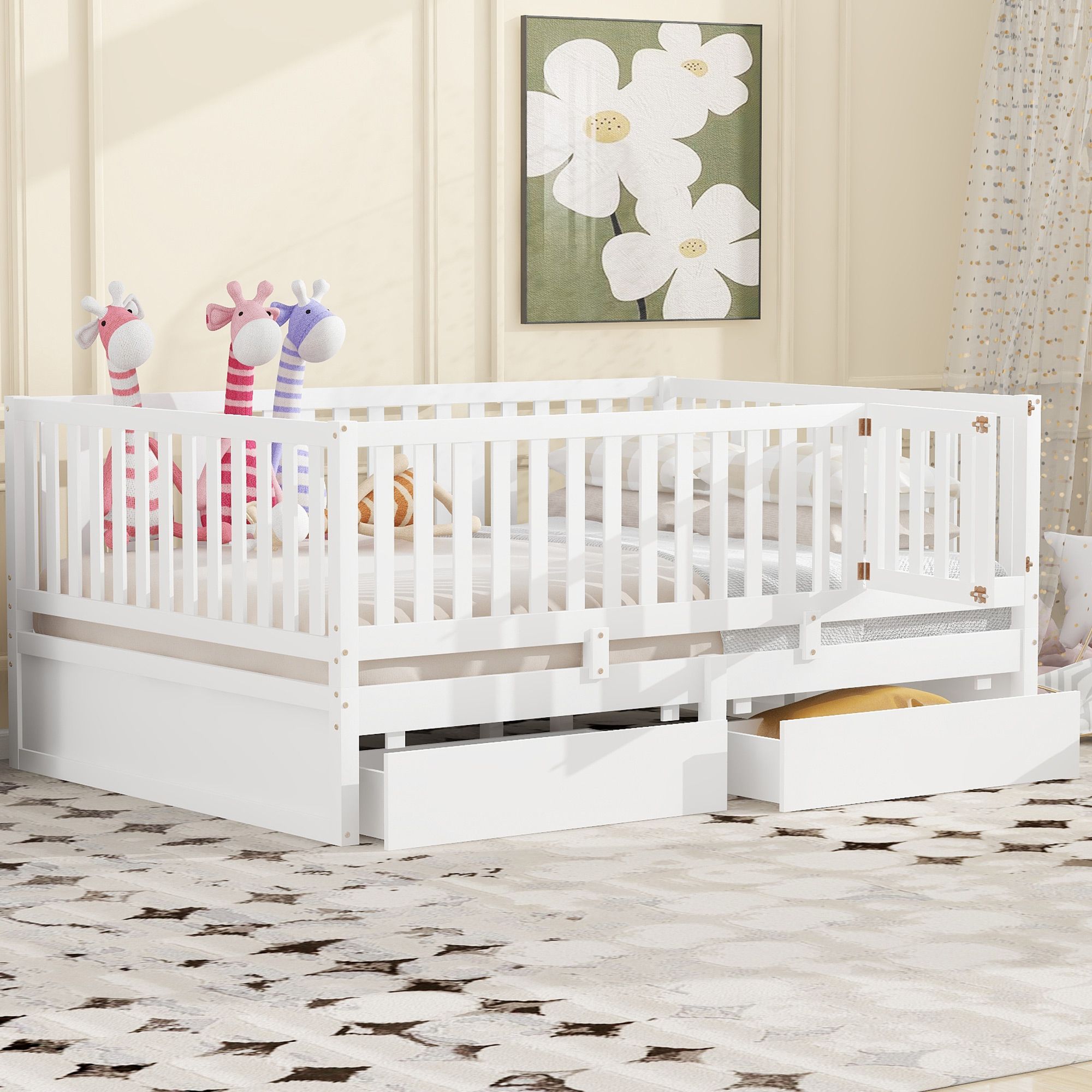 Yiekholo LL-1968AAK White Full Wood Daybed Bed with Storage