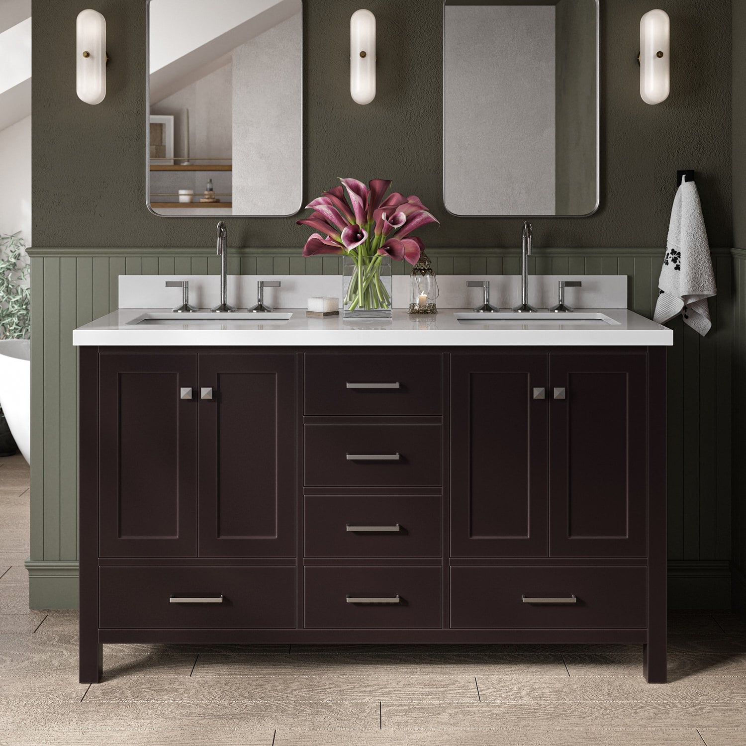 ARIEL A061DWQRVOESP Cambridge 61-in Espresso Undermount Double Sink Bathroom Vanity with Pure White Quartz Quartz Top