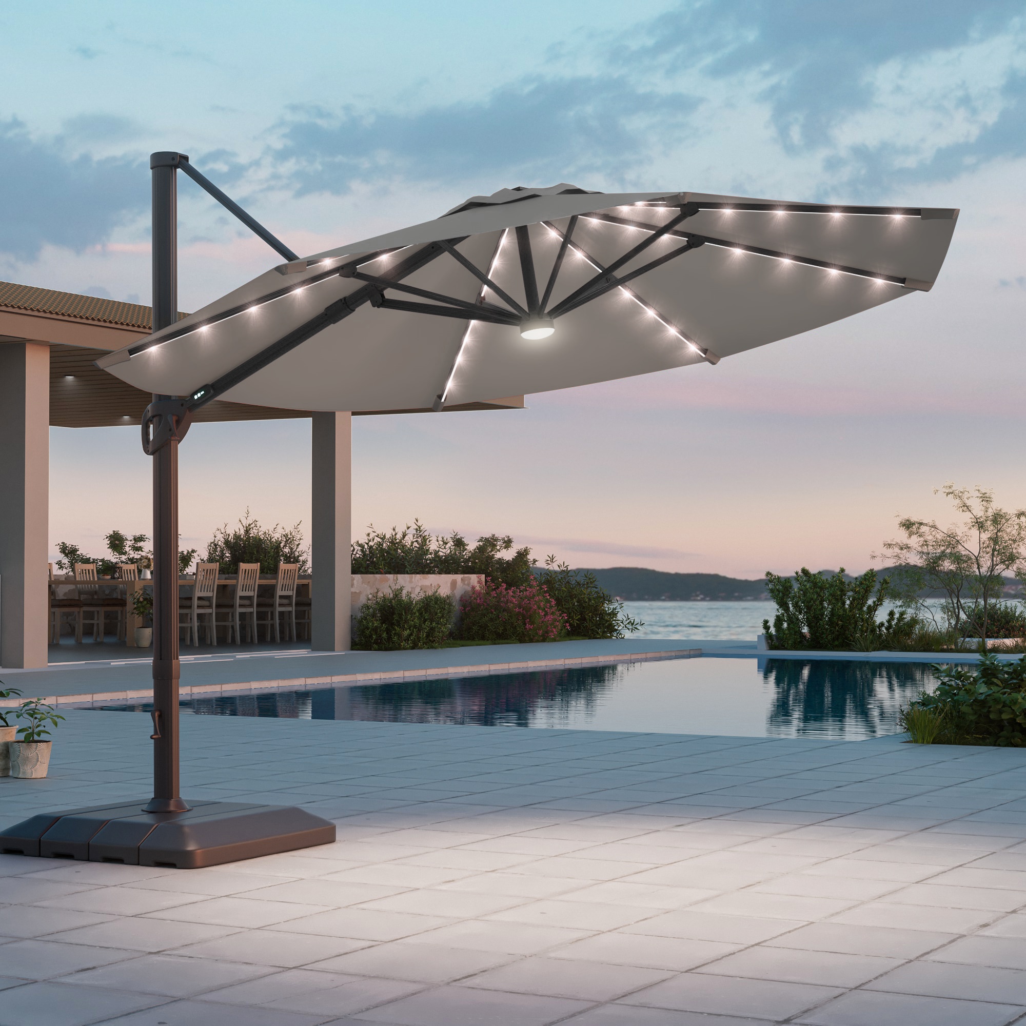 ACEGOSES LW-HCT-TJ24GY 11-ft Aluminum Gray No-tilt Cantilever Patio Umbrella with Lights with Base