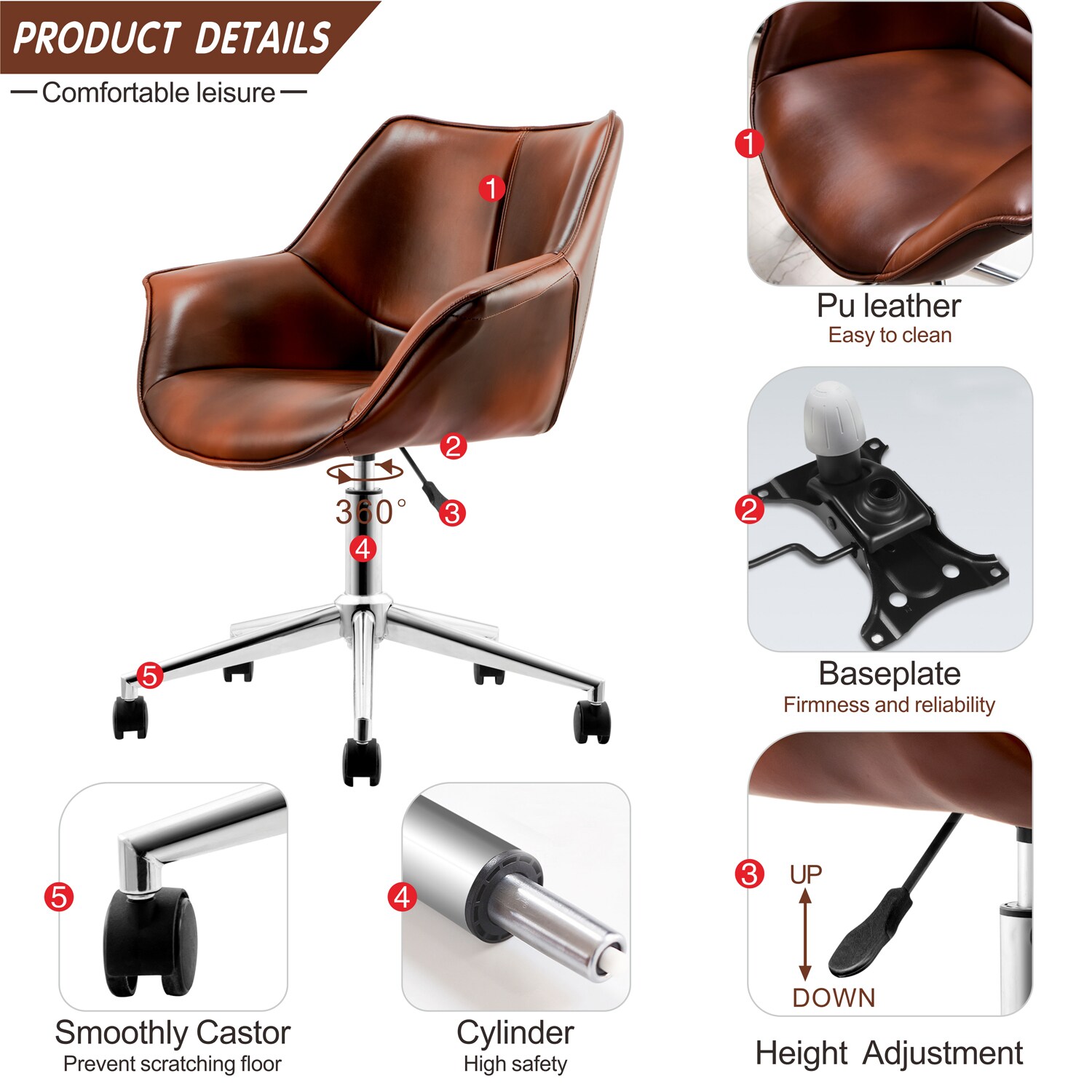 XIZZI Dark Brown Office Chair Traditional Ergonomic Adjustable Height Swivel Upholstered Task Chair | QZ301