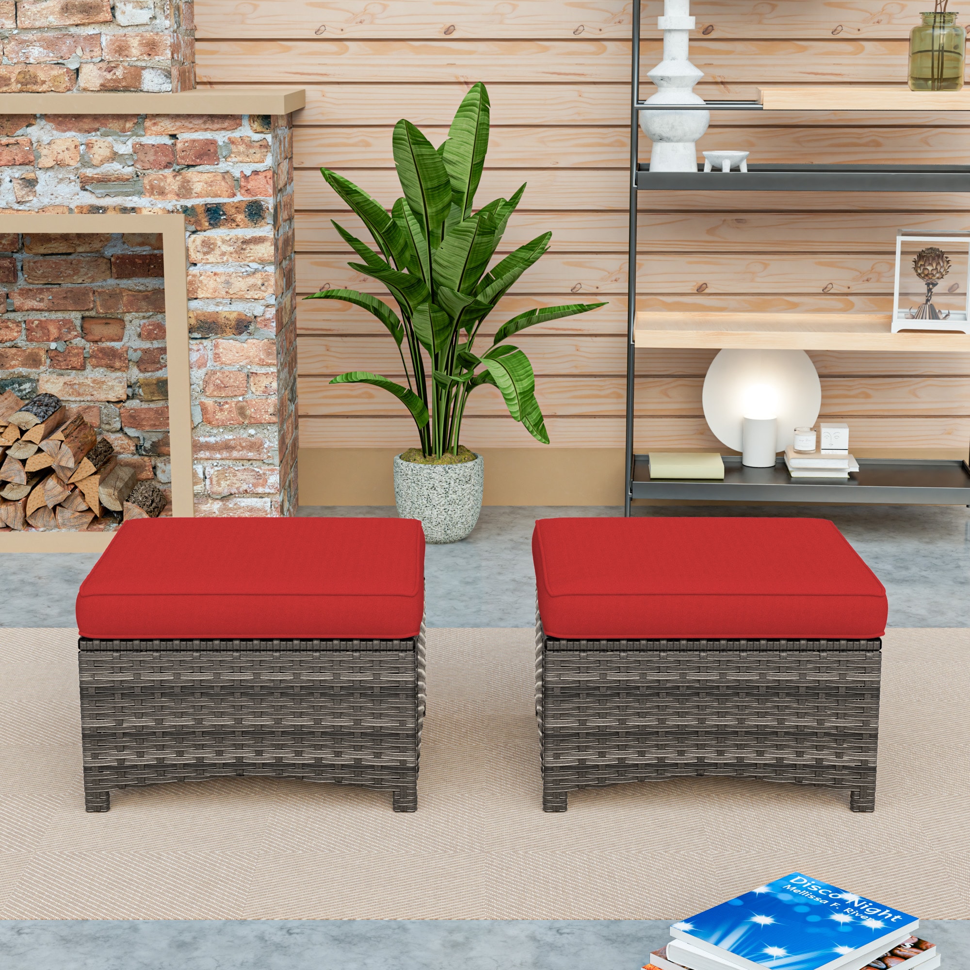 Gardenbee HGL-M74-RED Wicker Furniture Brown Wicker Ottoman