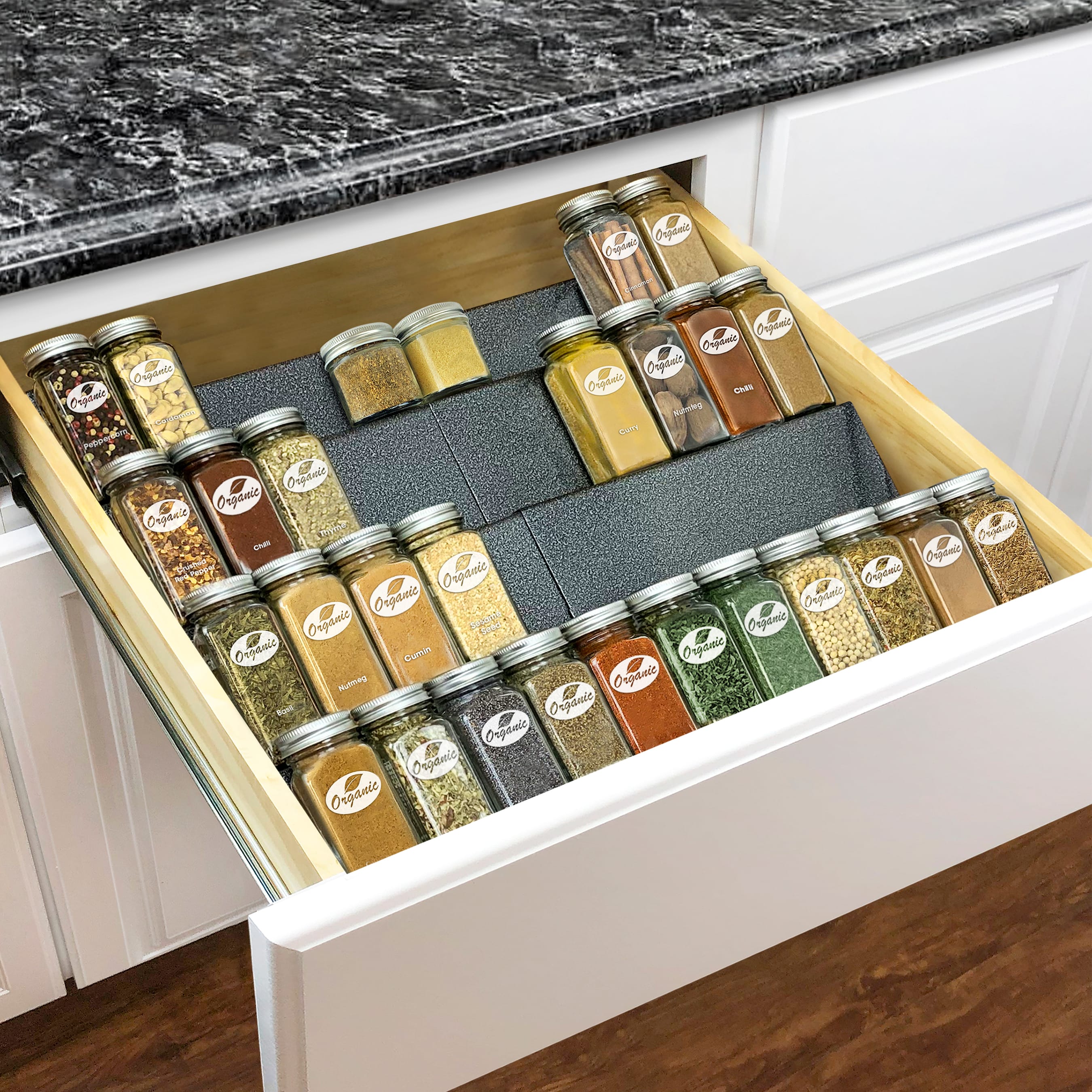 19 x 13 Inches Spice Drawer Organizer, 4 Tier Clear Acrylic Expandable  In-Drawer Seasoning Jars Rack, Kitchen Drawer Spice Insert Tray for