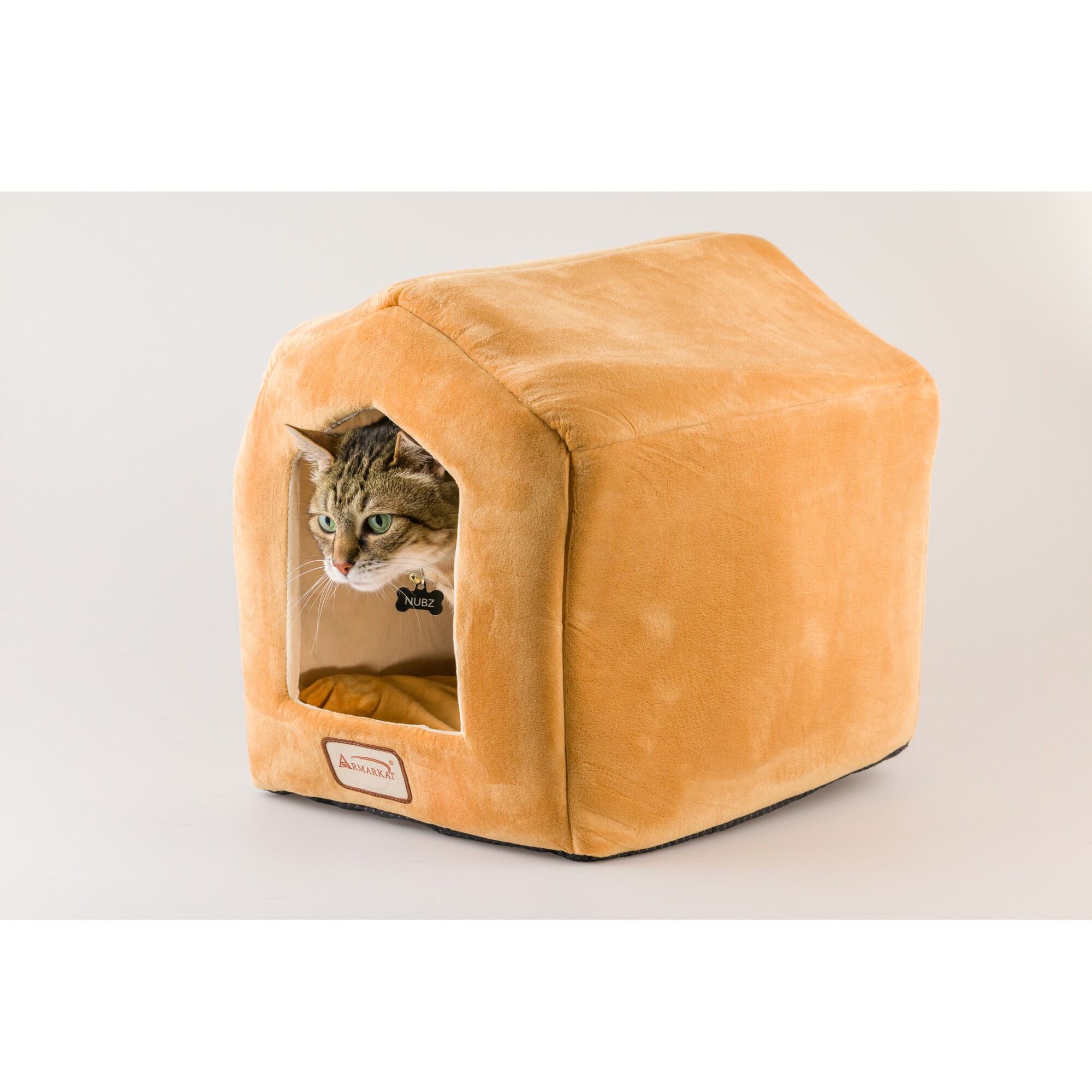 Small Beige Velvet House-Shaped Cat Bed with Fiberfill