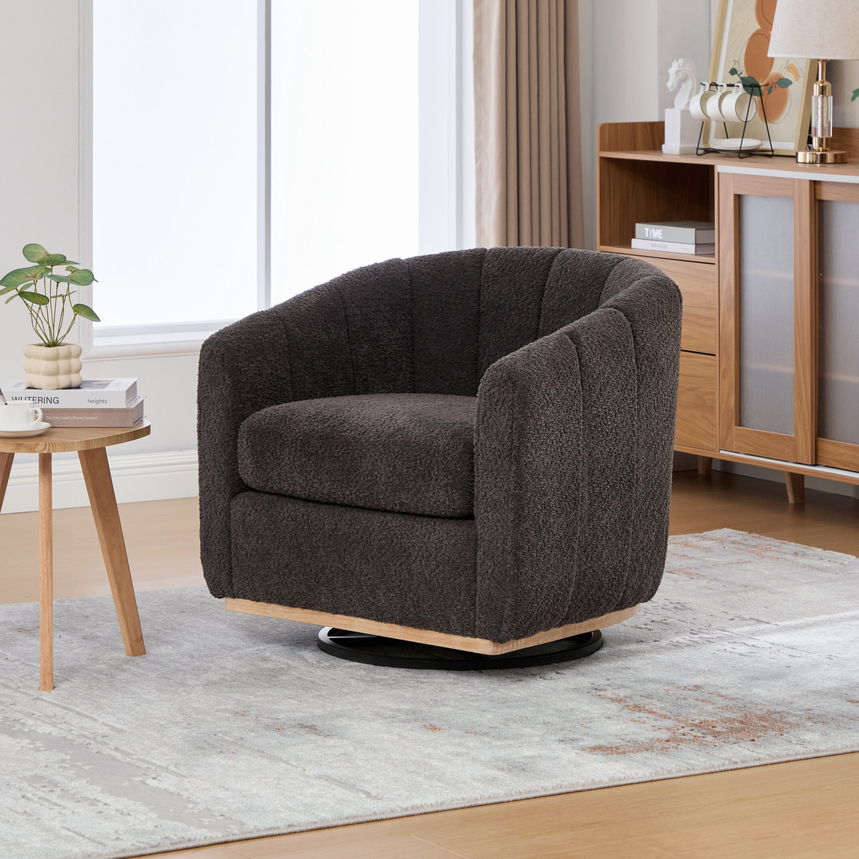 Aortzio - Barrel 32.3-in W Modern CHARCOAL Chenille Swivel Barrel Armchair