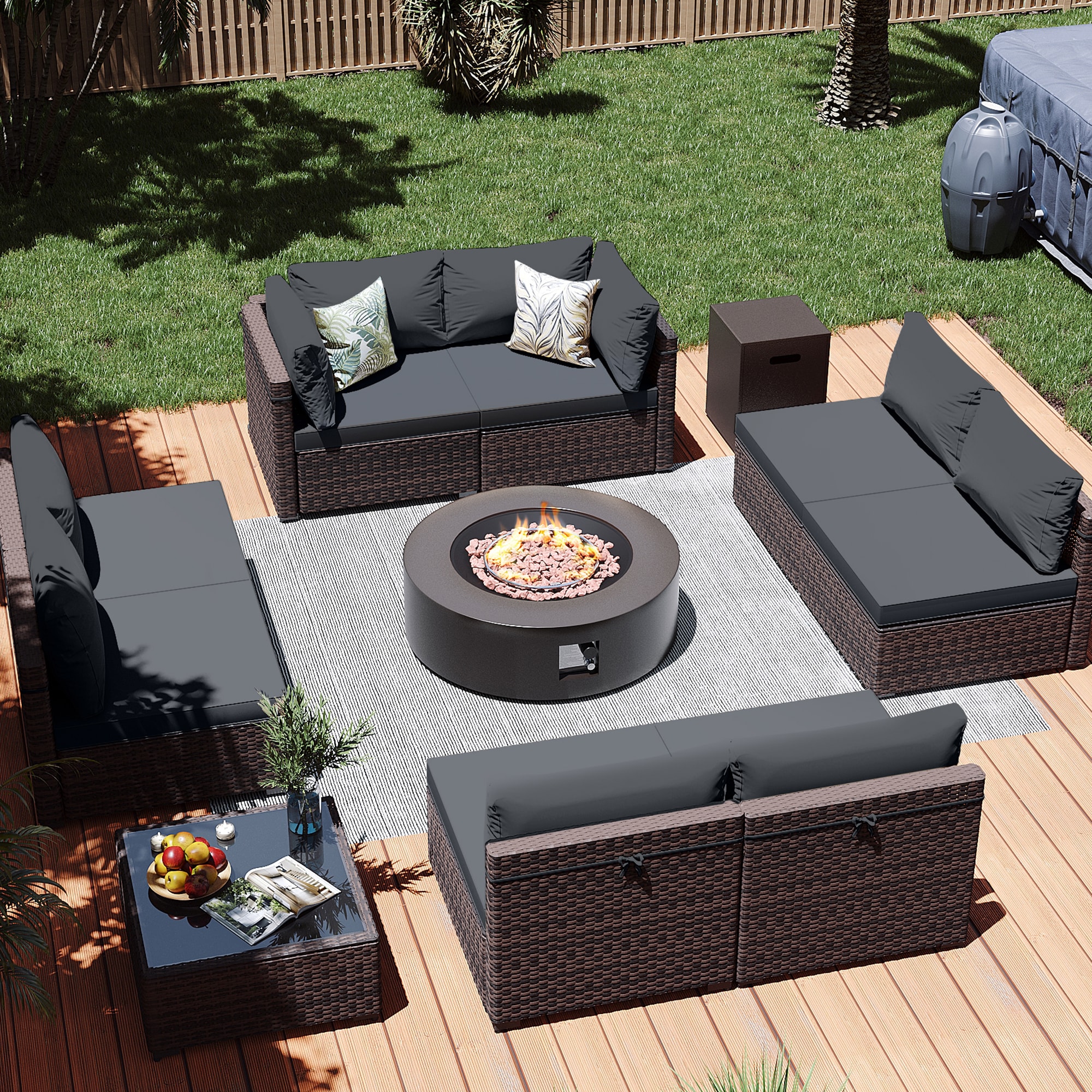 Patio Watcher LS-RT9-KD42BR-B3 10 -Piece Rattan Patio Conversation Set with Gray Cushions