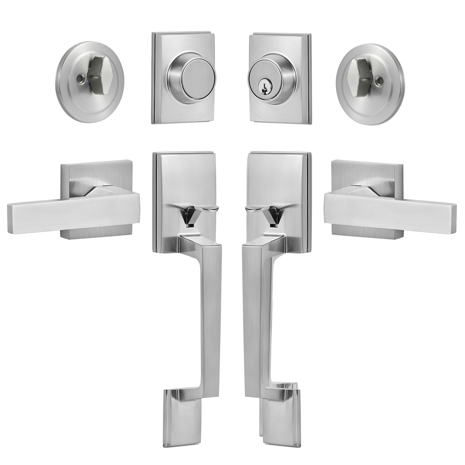 GIVIMO Double Door Handle Set in Satin Nickel with Reversible Square Lever Adjustable 7.87-in to 8.98-in Hole Spacing Zinc Alloy Die-Cast Panels Keyed Exterior Lock Interior Thumb Turn 2 Keys and Dummy Handle for Front and Office Doors and Patio Doors