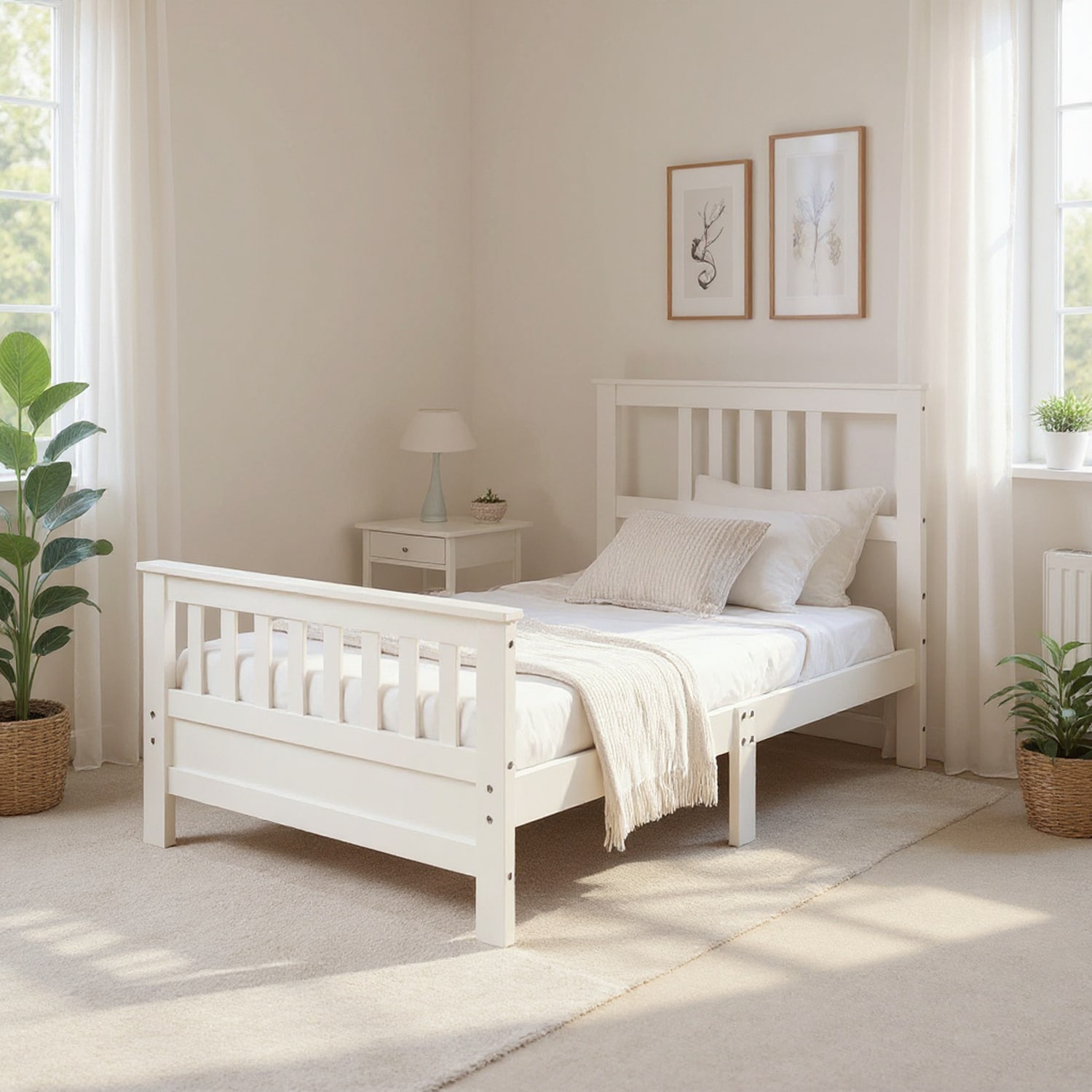 Homy Casa - Twin Wood Platform Bed with Headboard Footboard and Slat Support White