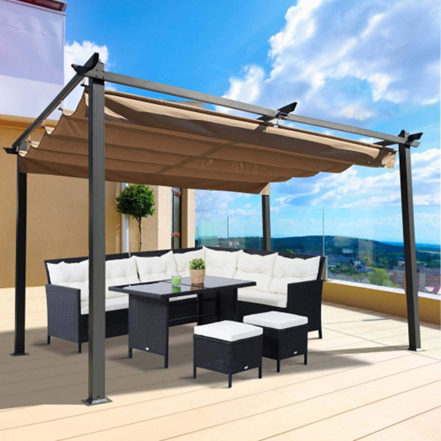Runesay PERGO-01 Retractable Pergola 10-ft W x 13-ft L x 7-ft 3-in H Beige Metal Attached Pergola with Canopy