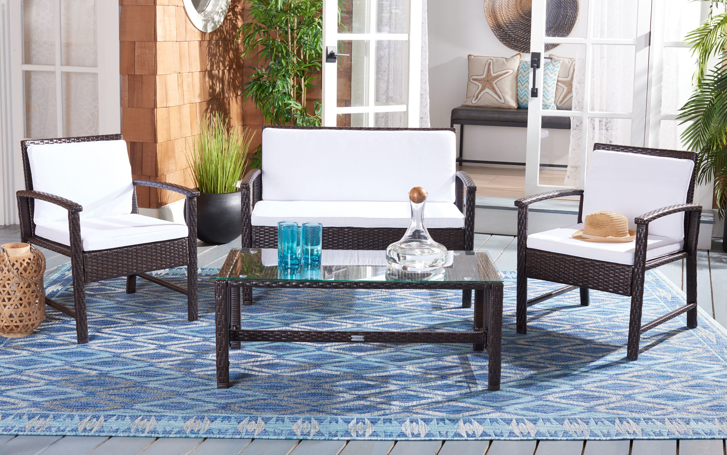 Safavieh PAT7711C Krissy 4 -Piece Wicker Patio Conversation Set with White SAFAVIEH Cushions