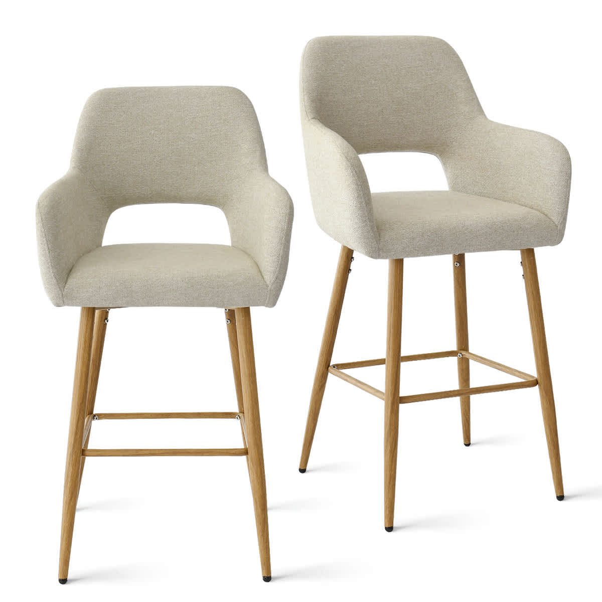 Maison Boucle ATLANTA-ARM-MB-BEIGE Bar Stools Counter Height Set of 2 with Back and Armrest Beige Linen Upholstered Accent Barstools