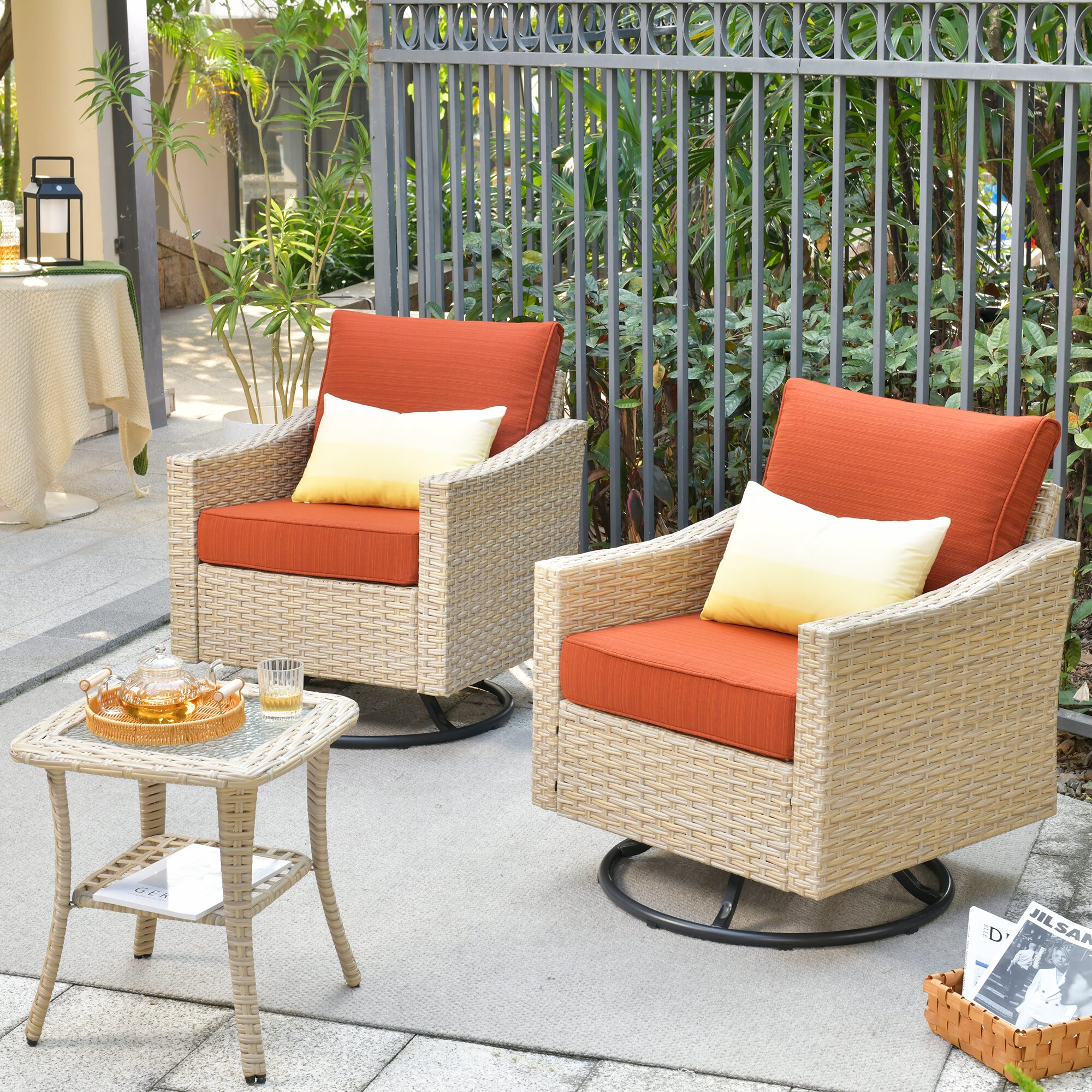 weaxty HMBYZDAR803 Athena Set of 2 Wicker Black Steel Frame Swivel rocker Rocking Chair with Orange Cushioned Seat