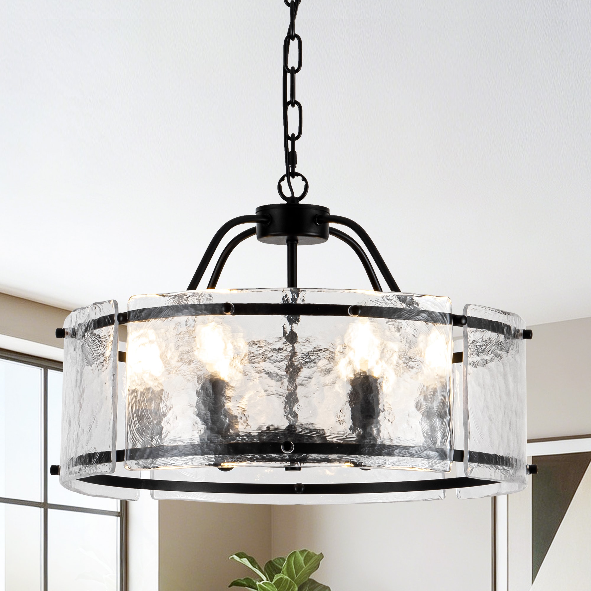 ADSENSTY 19.68inch 6 Light Matte Black Modern Farmhouse Drum Chandelier With Textured Glass Shade