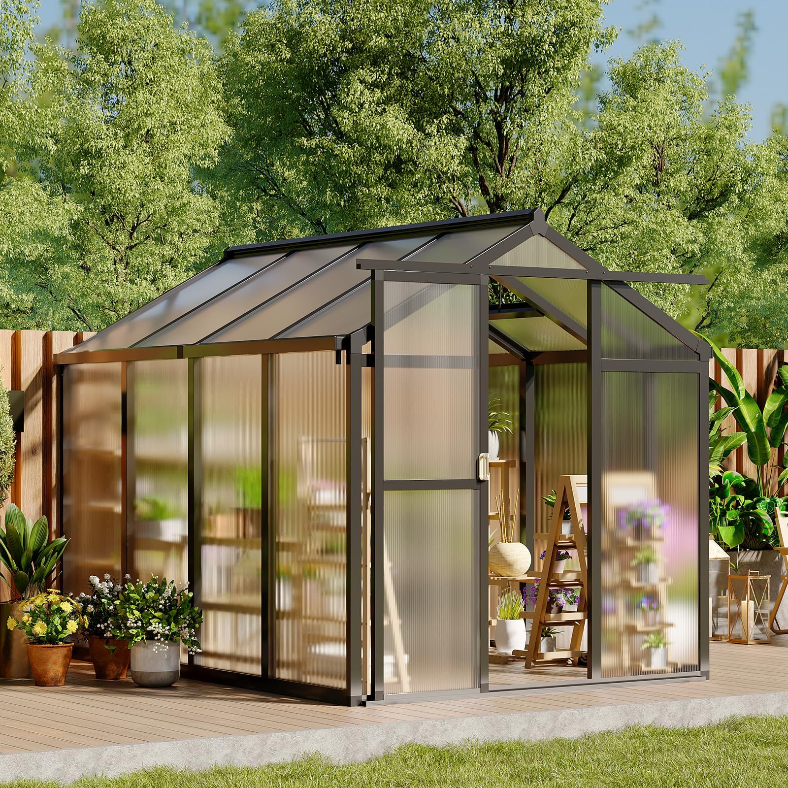 IdealHouse  6X8 FT Greenhouse for Outdoors Walk-in Greenhouse Kit with Aluminum Frame Polycarbonate Panels Adjustable Roof Vent Sliding Door Secure Lock for Outside Garden Patio Backyard