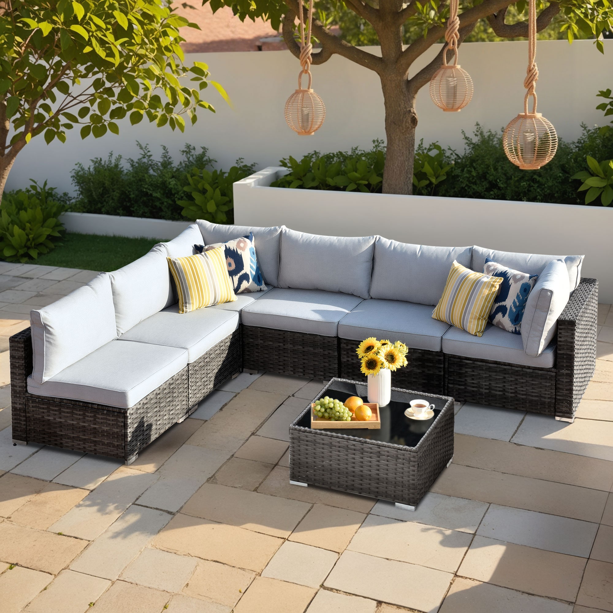 Pouuin SHOP407 Wicker Outdoor Sectional with Gray Cushions and Wicker Frame