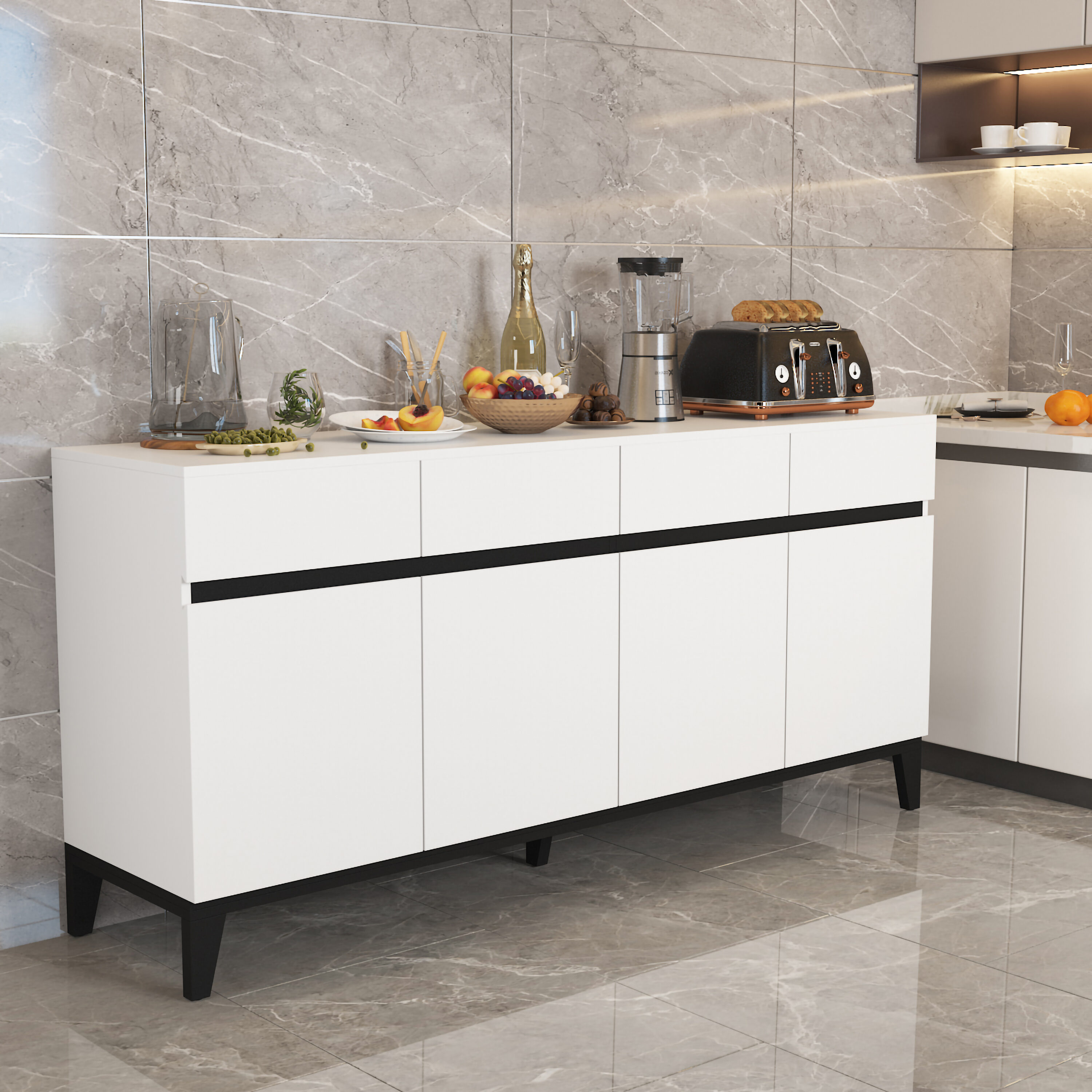 FUFU&GAGA 62.9 in. White Wood Storage Cabinet Kitchen Cabinet with