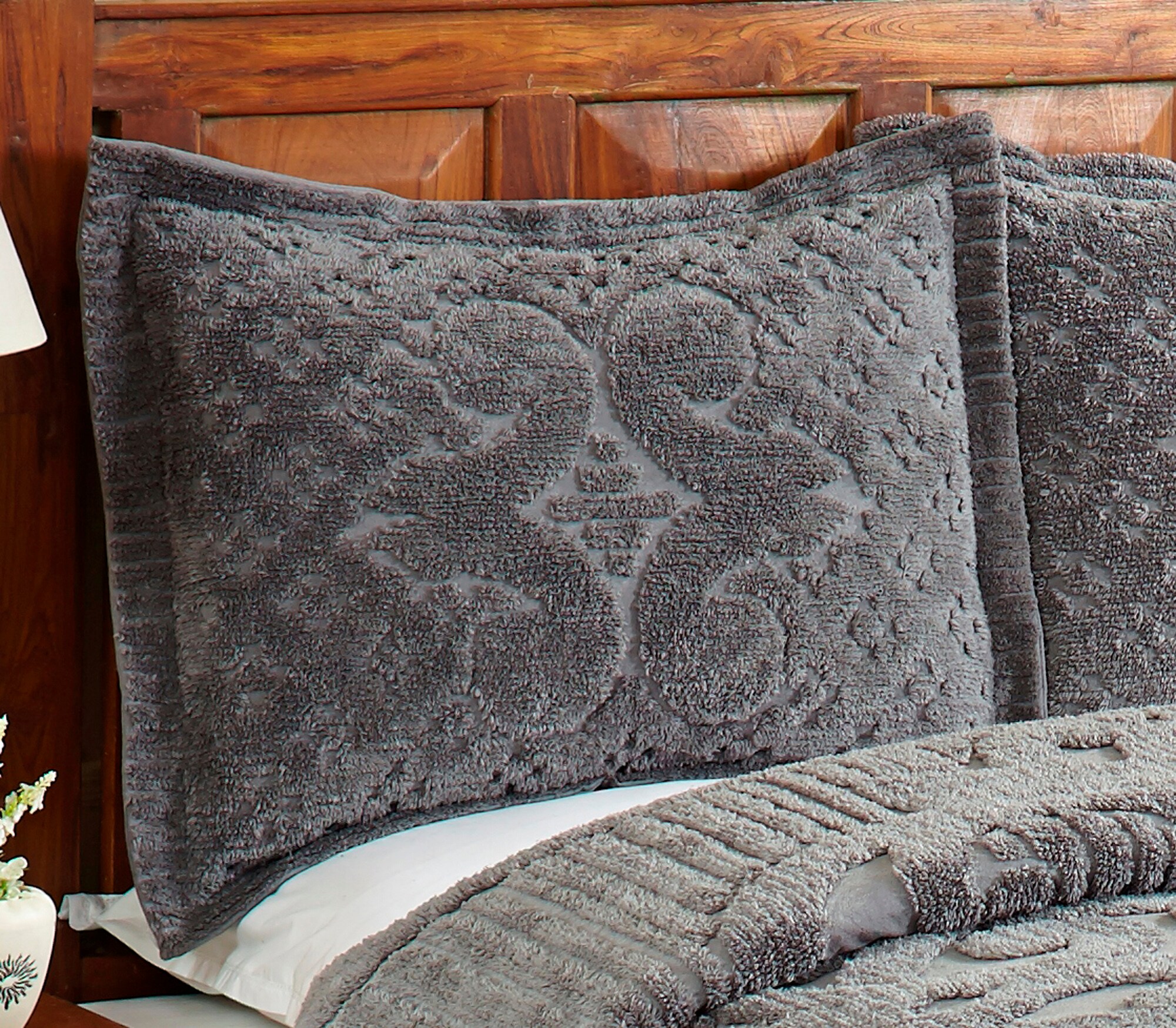 Gray Cotton Chenille Tufted Standard Sham with Bold Stripes