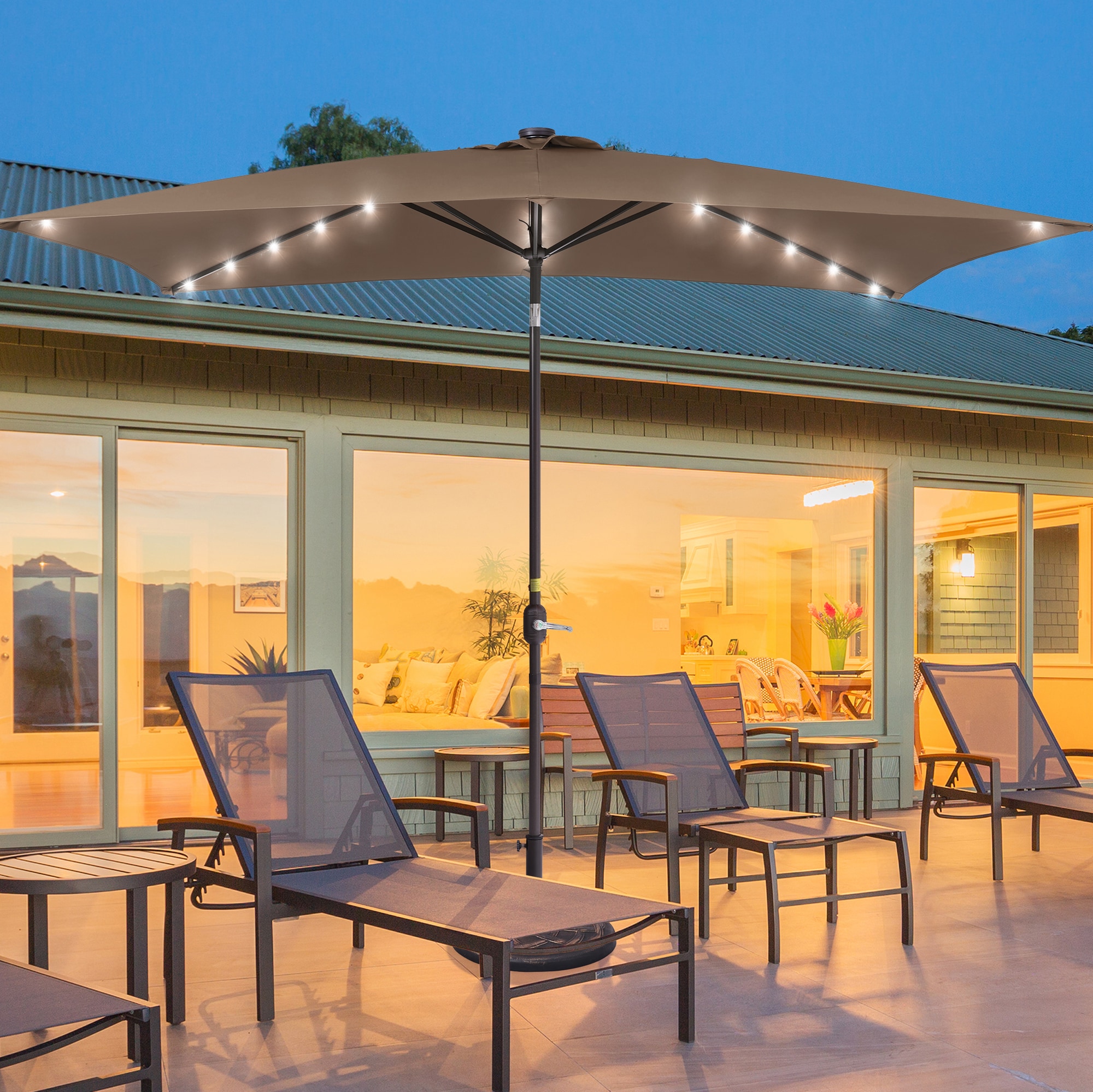 ACEGOSES LW-320K-LED 10-ft Steel Tan Push-button Tilt Market Patio Umbrella with Lights