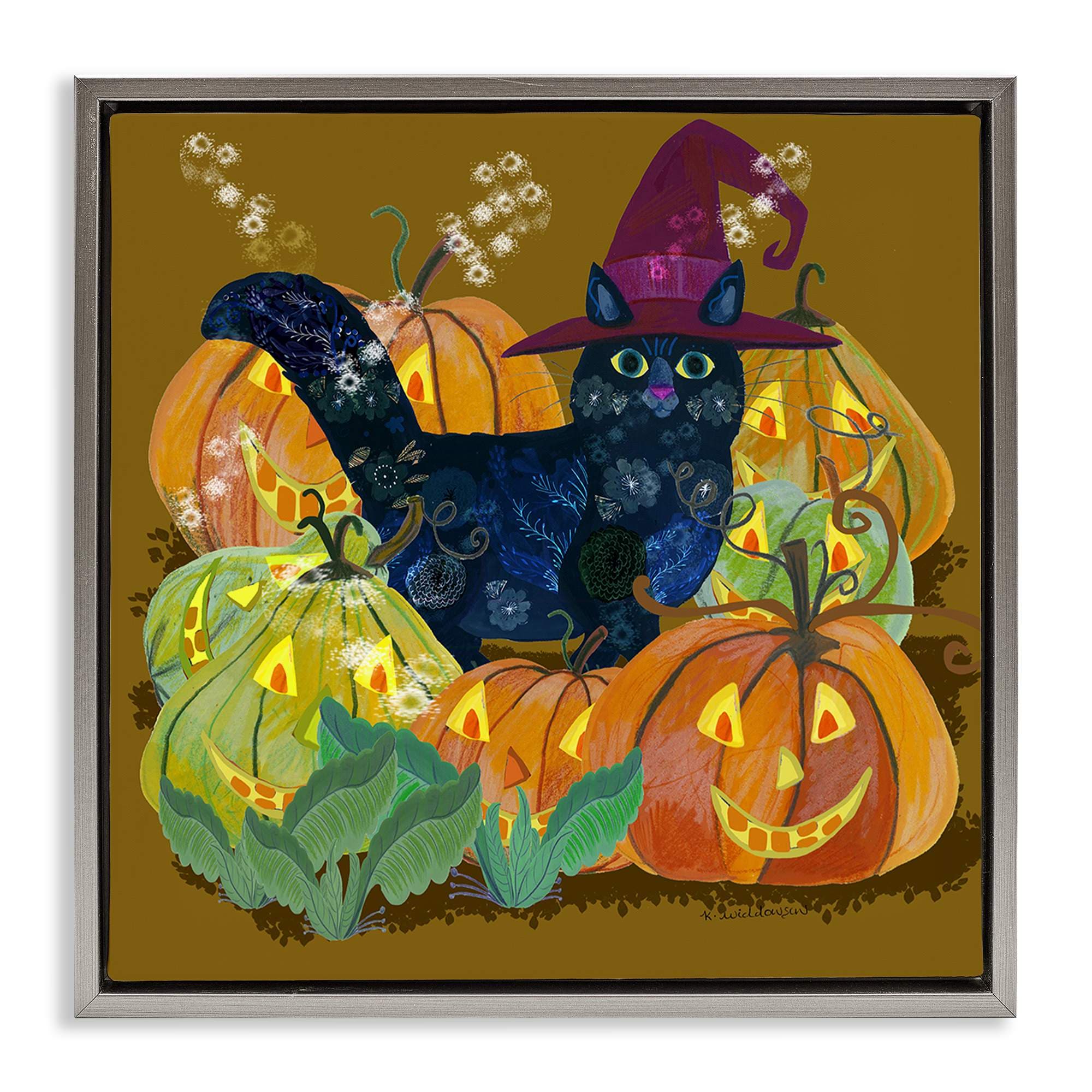 Stupell Industries BS-592-FFL-17X17 Cat with Jack-o-Lanterns Gray Framed Floater Canvas Wall Art By Kay Widdowson 18 x 18