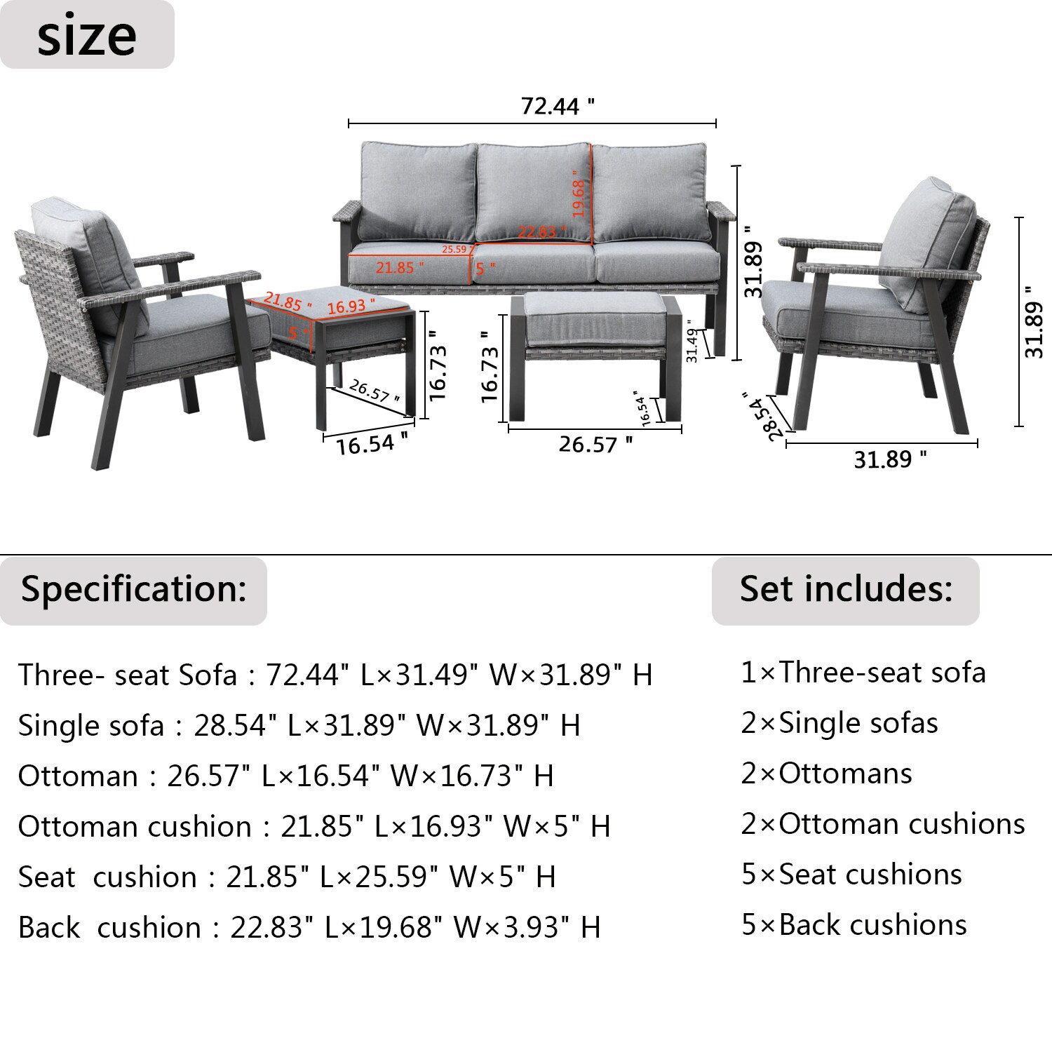 XIZZI Aquarius 5-Piece Wicker Patio Conversation Set with Gray Cushions ...