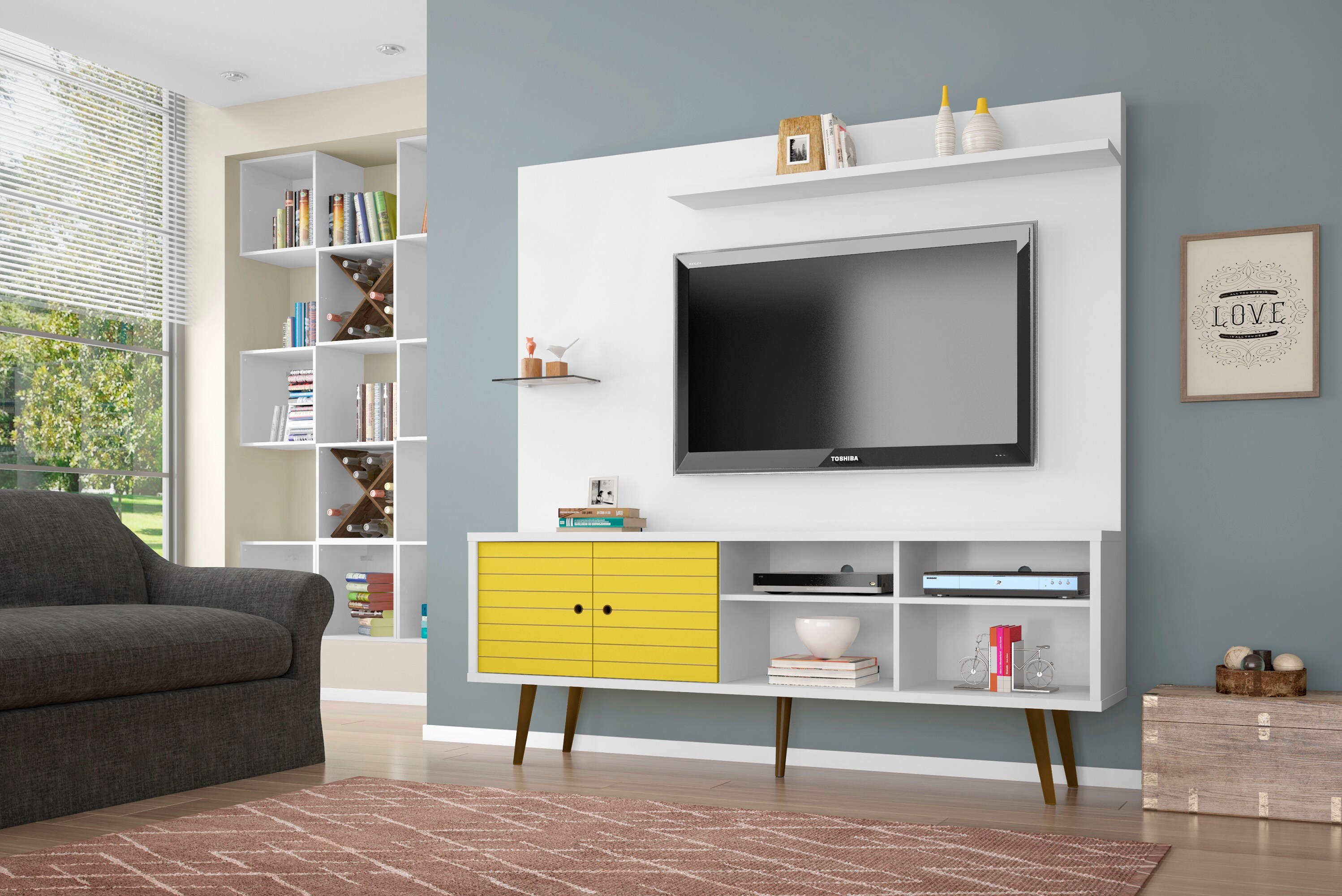 Manhattan Comfort 214BMC64 Liberty Modern/Contemporary White and Yellow TV stand Integrated TV Mount ( Accommodates TVs up to 55-in )