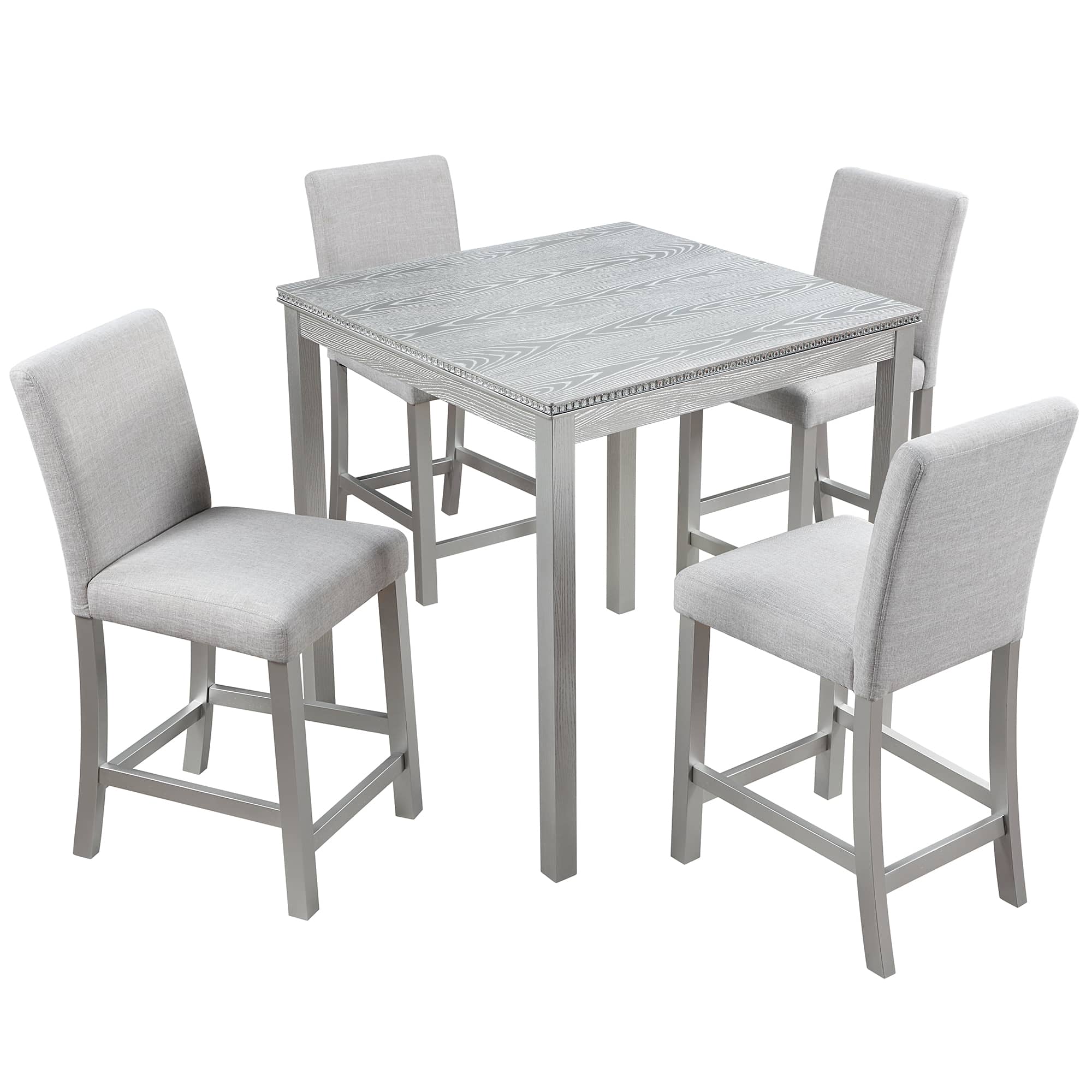 Vynxaria LESX1272-DJCZ-TZ015 5 Piece Counter Height Table Set Wooden Square Table with 4 Upholstered Chairs Crystal Decoration for Kitchen Dining Room Black 330lbs Capacity Gray