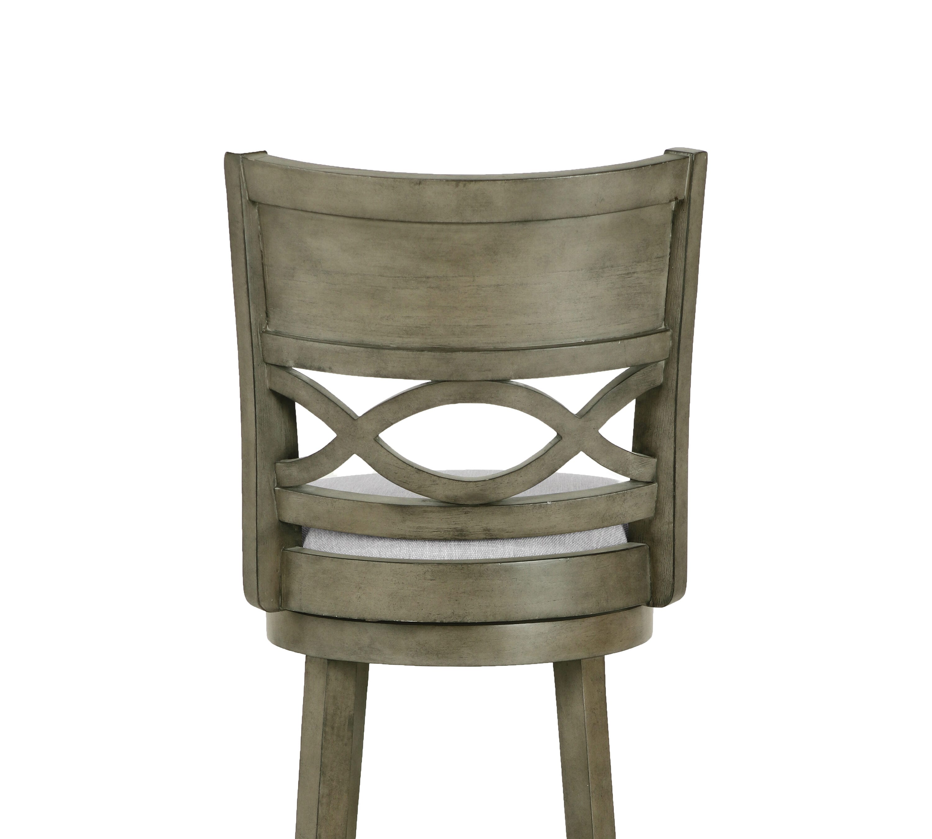 Transitional Gray Swivel Bar Stool in Solid Wood with Carved Back
