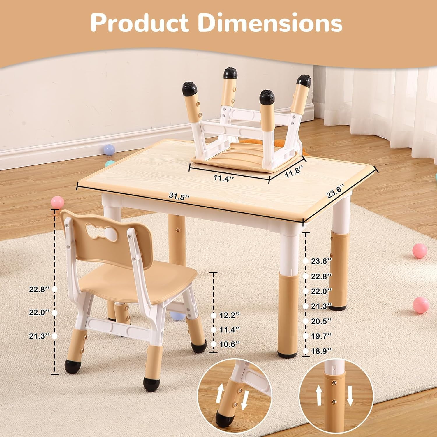 IdealHouse Height-Adjustable Table And 4 Chairs Set- Height Height ...