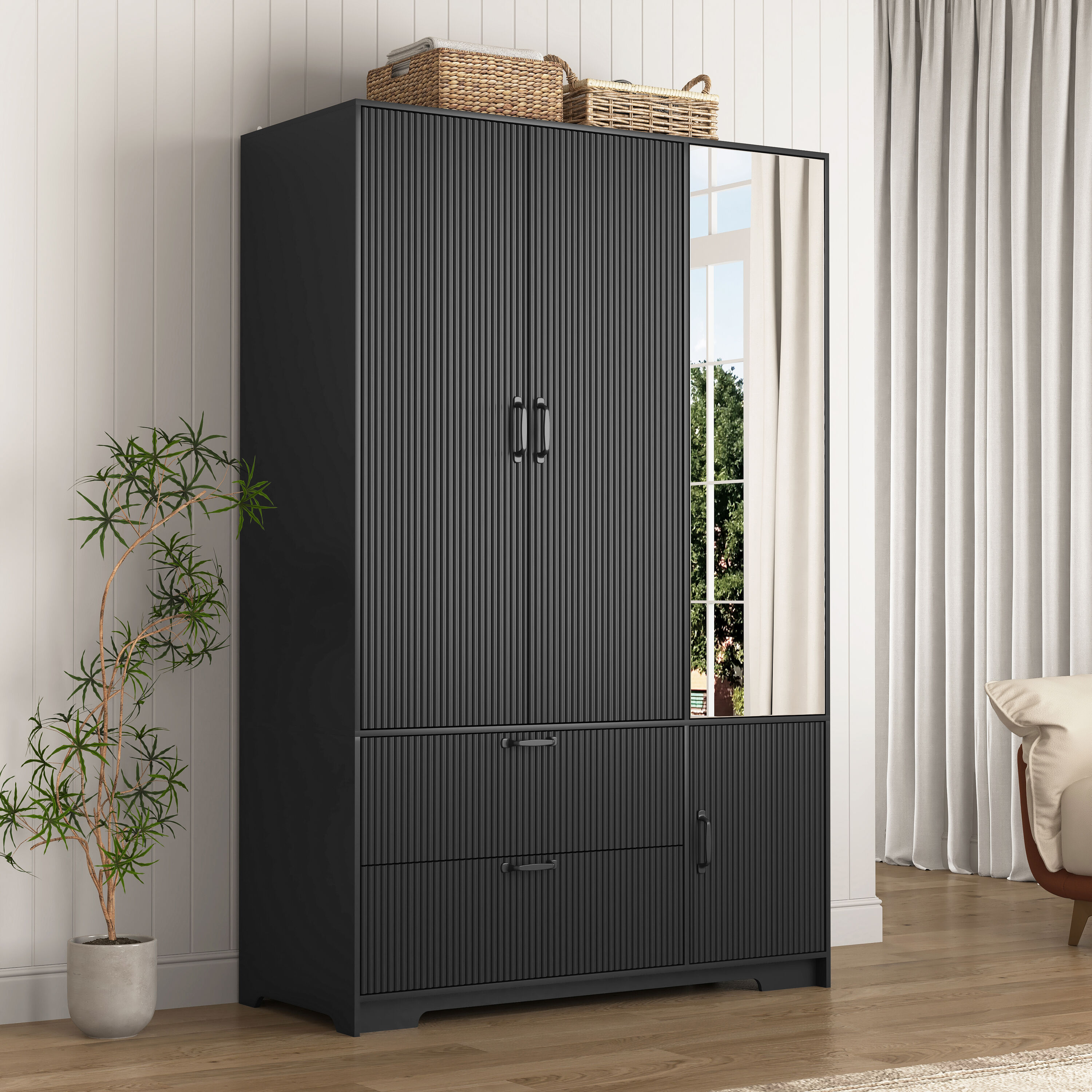 KTMBDW - Wardrobe Closet with 4 Doors - Black Bedroom Armoire with Mirror and Hanging Rod - Woode...