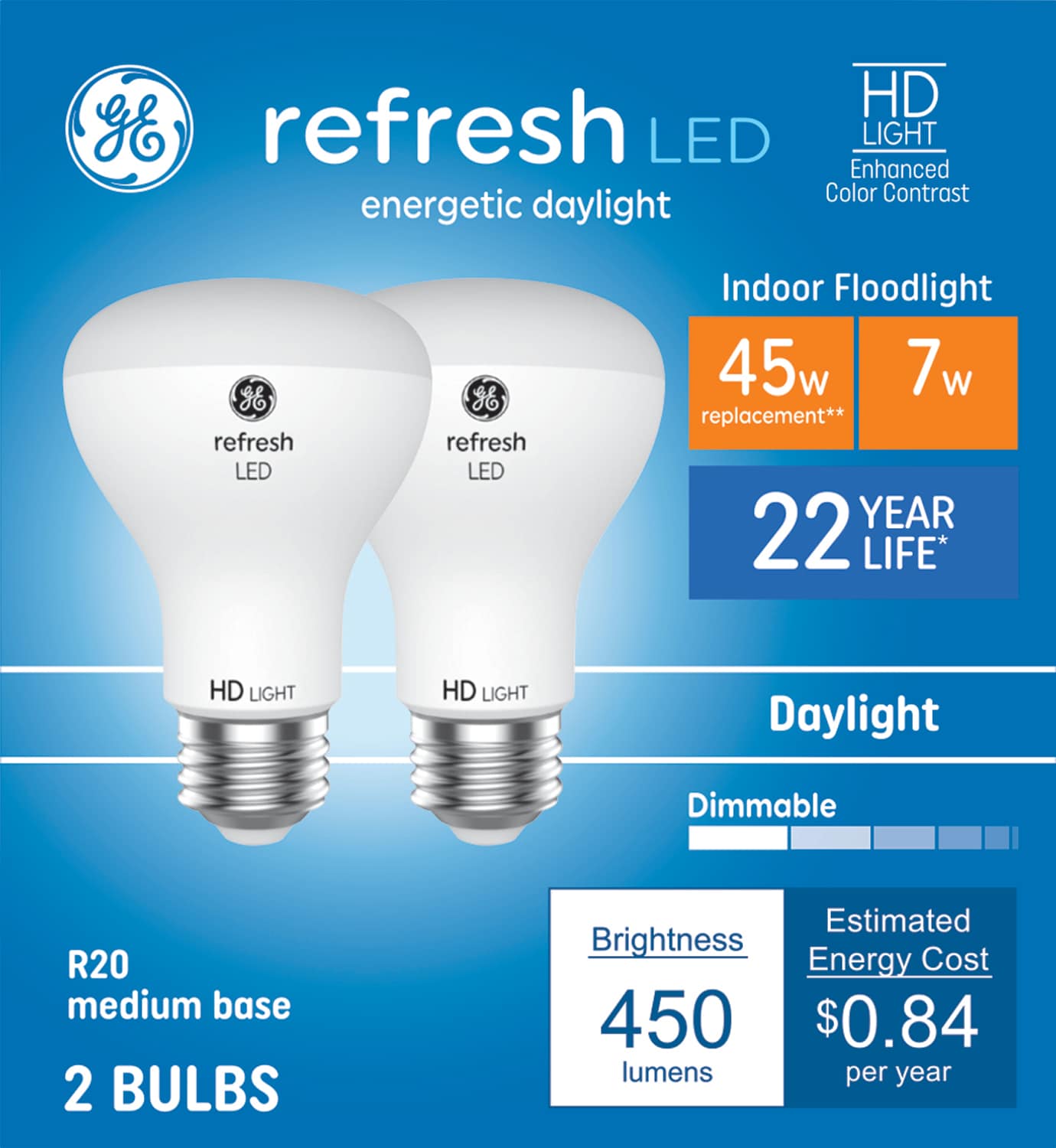 GE 93128163 Refresh HD 45 -Watt EQ R20 Daylight Medium base (E-26) Dimmable LED General purpose Light Bulb 2 -Pack