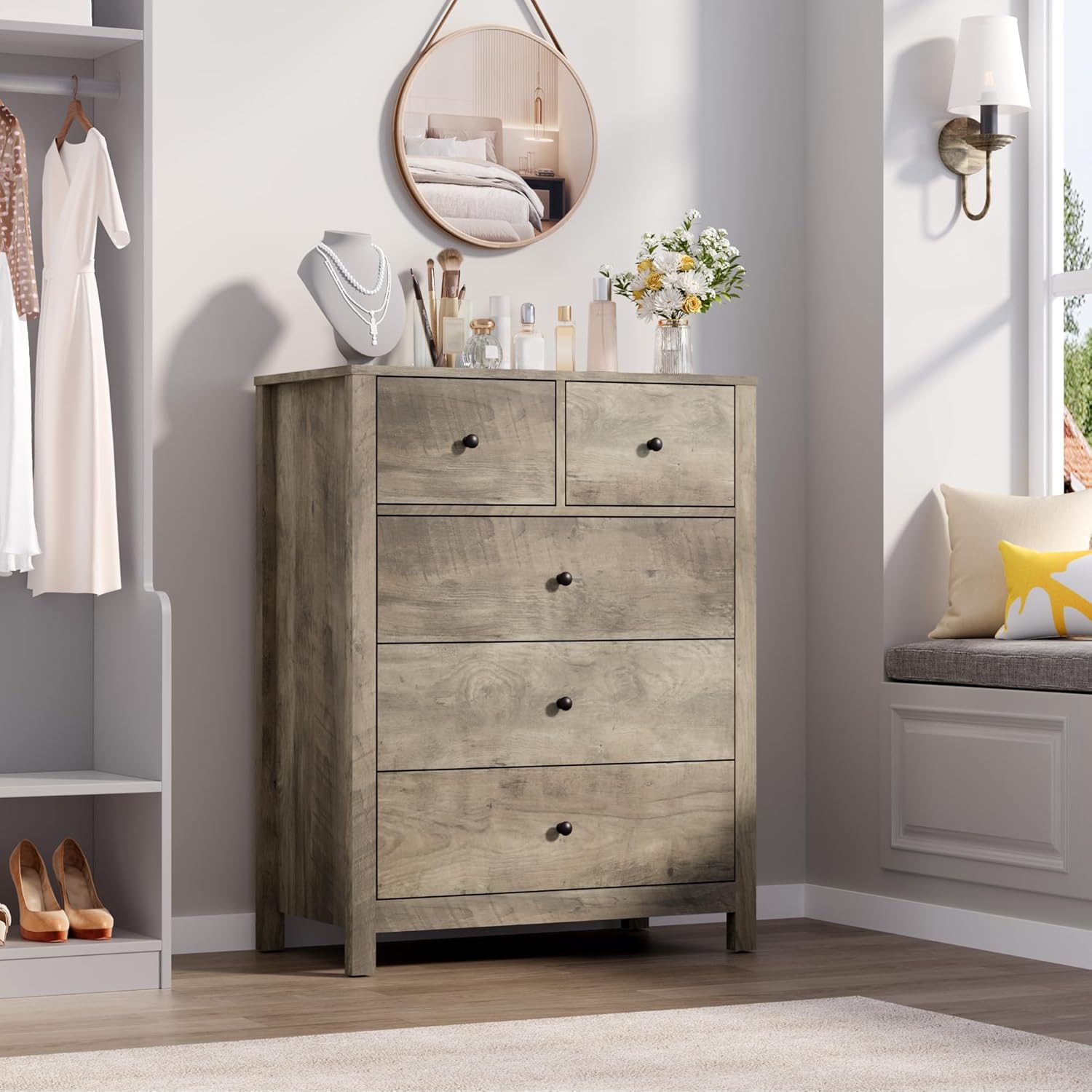 Qeetex DHZ-PHO-34KXGC8S Gray Dresser for Bedroom Tall 5 Drawer Dresser with Deep Drawers Metal Knobs Modern Wooden Double Chests of Drawers for Kids Bedroom Entryway Hallway