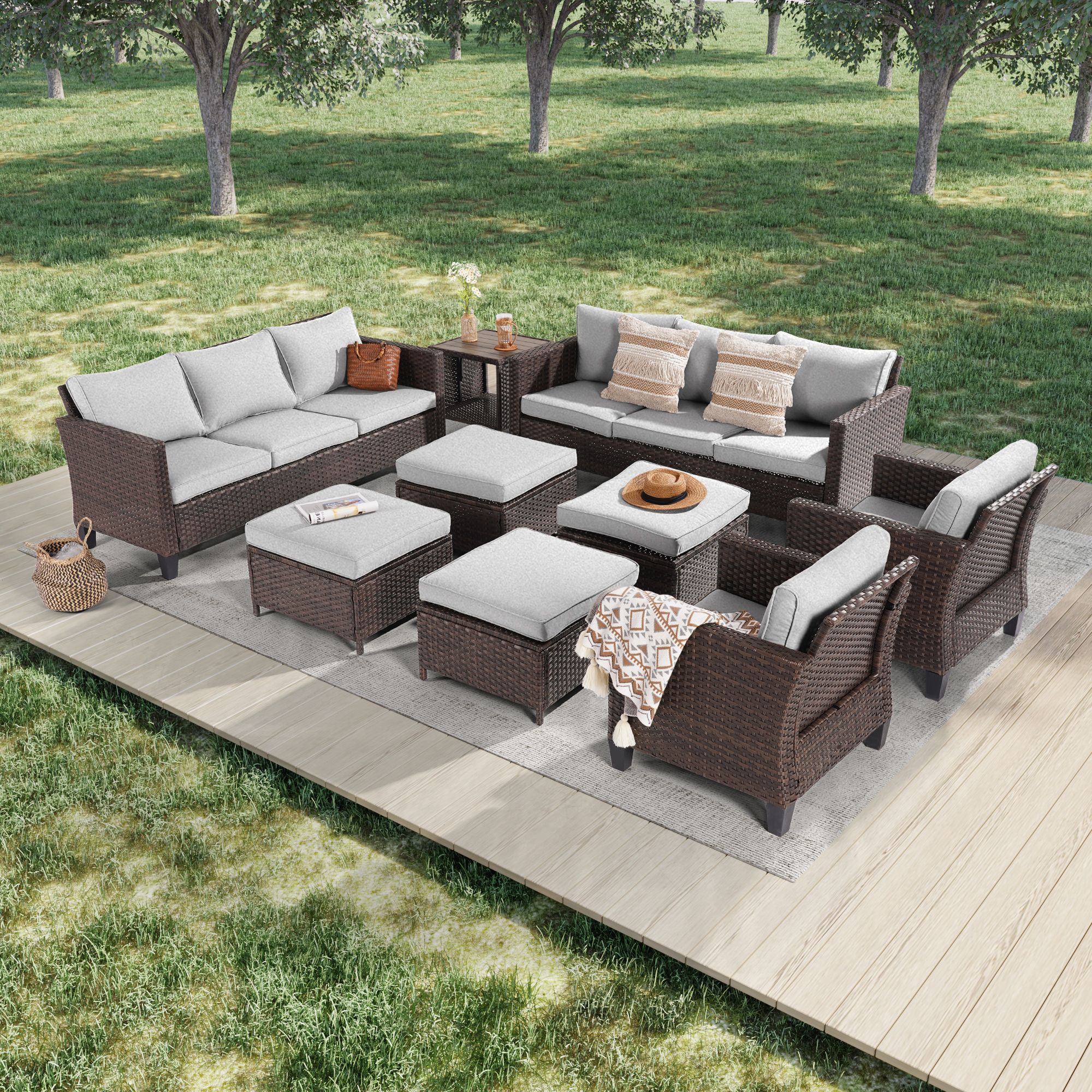 Sonkuki SD-AB-BLY-95S1T3 9 -Piece Wicker 2 Patio Sofa Conversation Set with Gray Cushions