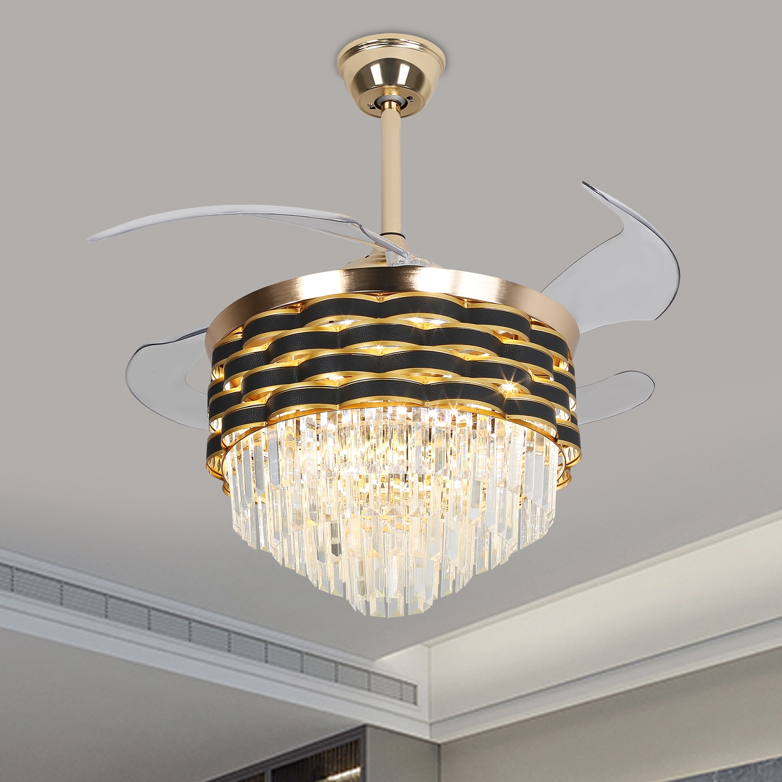 Oukaning JZUCOD-00790099 42-in Color-Changing GOLD with Reverse ABS Blades Chandelier Ceiling Fan With Light and Remote ( 4 -Blade )