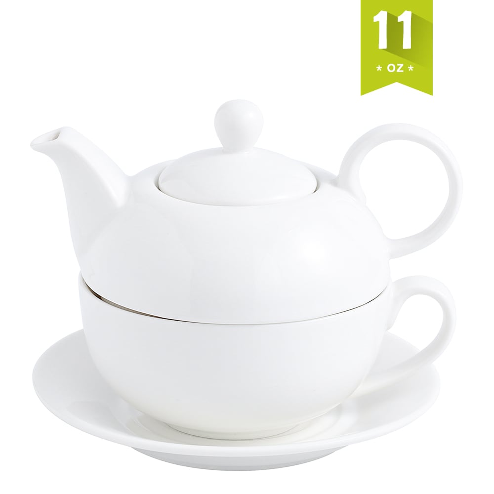 MALACASA Tea for One Set, White Porcelain Teapot 11 Ounce and Cup 8.4  Ounce, Tea Pot Teacup and Saucer Set with Lid - Series Sweet Time