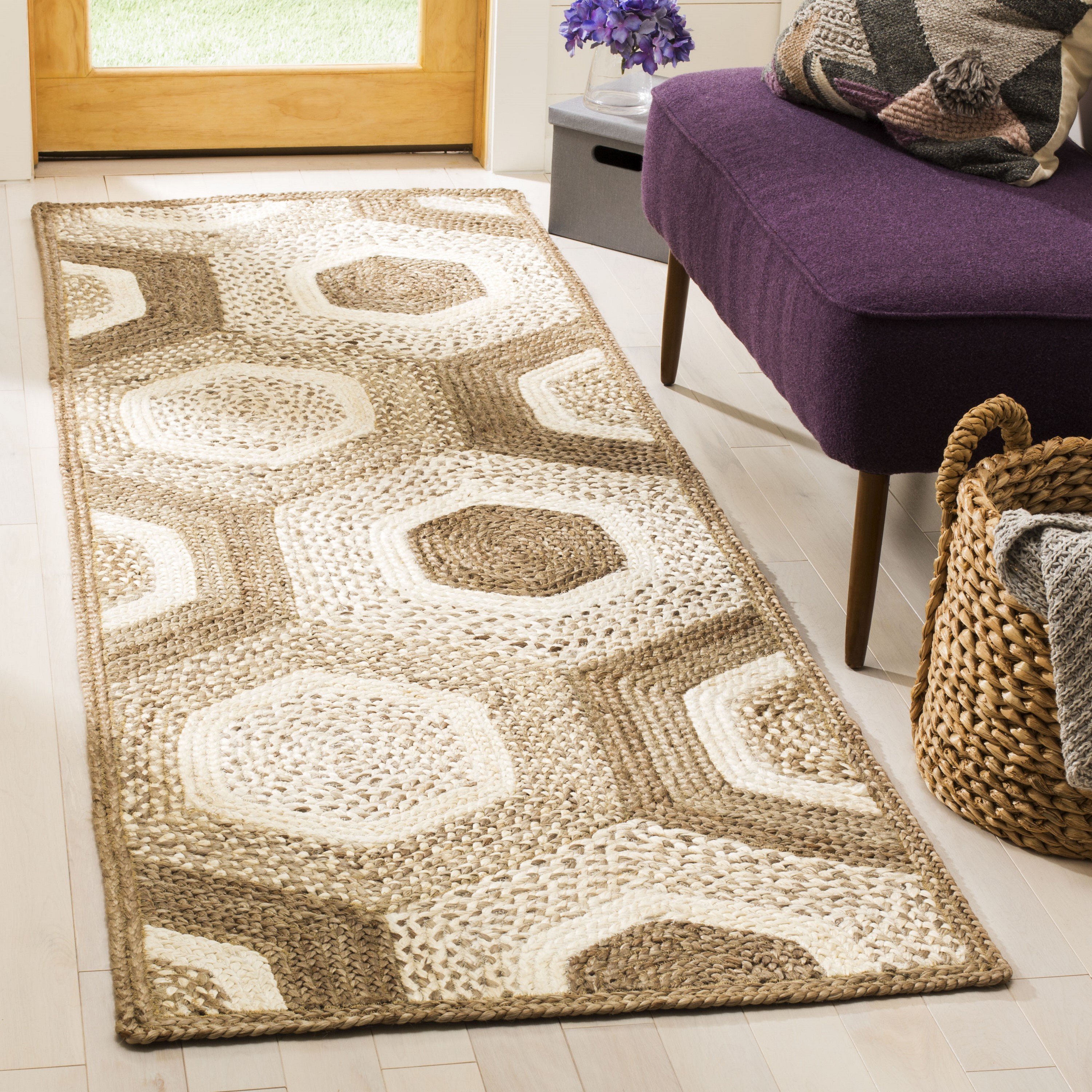 Gray and Ivory Geometric Handwoven Jute Runner Rug 2'6" x 8'