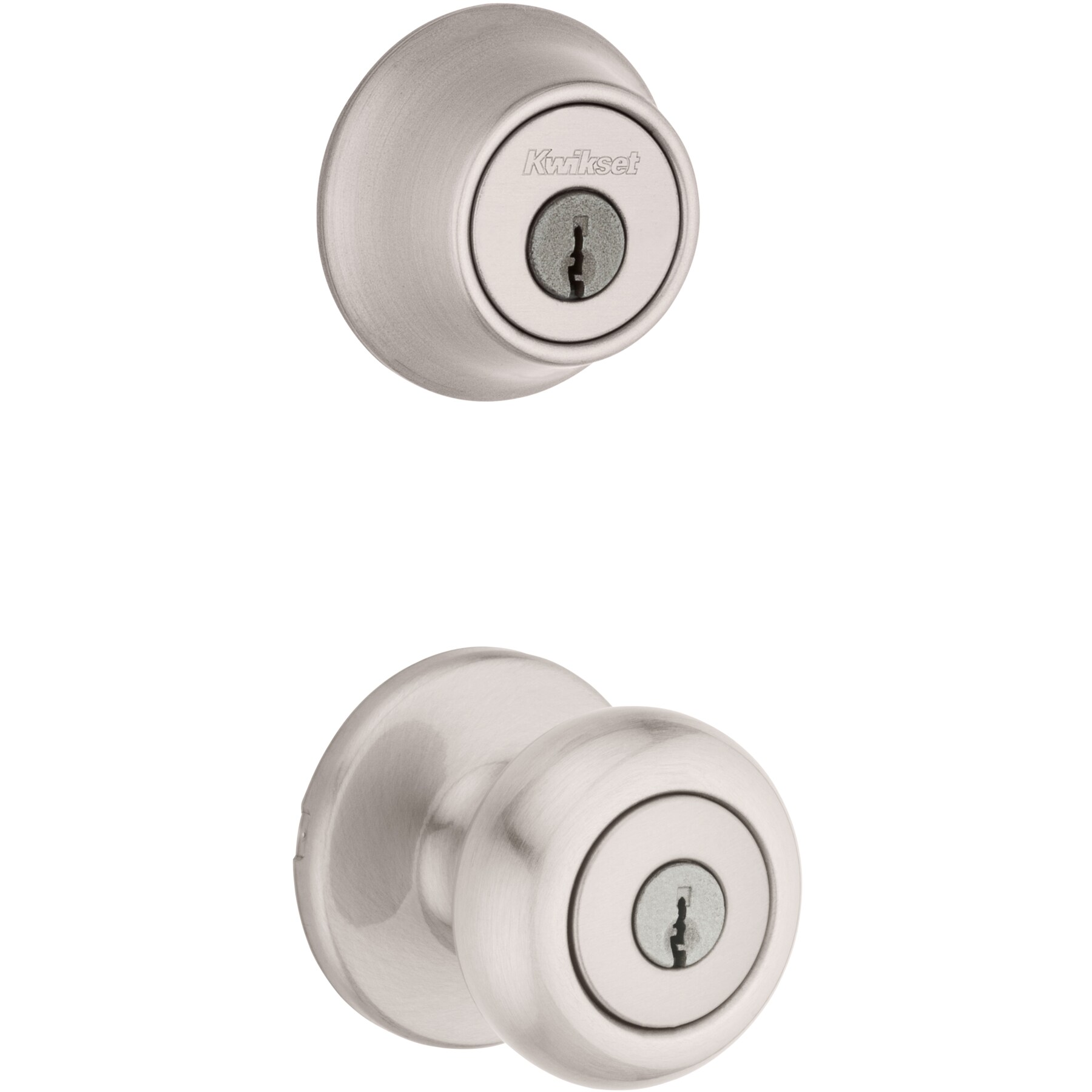 Kwikset Security Cove Satin Nickel Interior/Exterior Single-cylinder  deadbolt Keyed Entry Door Knob Combo Pack with Antimicrobial Technology in  the Door Knobs department at