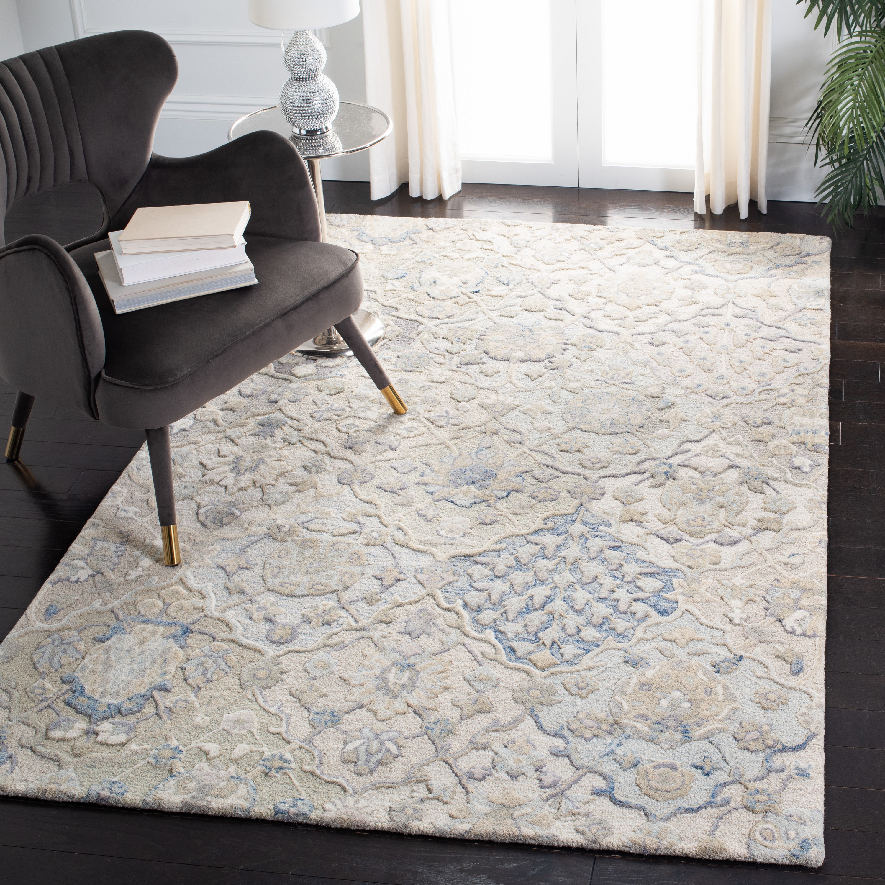 Safavieh GLM622F-4 Glamour Corfu 4 x 6 (ft) Tufted Wool Gray/Blue Rectangular Indoor Floral/Botanical Farmhouse/Cottage Area rug