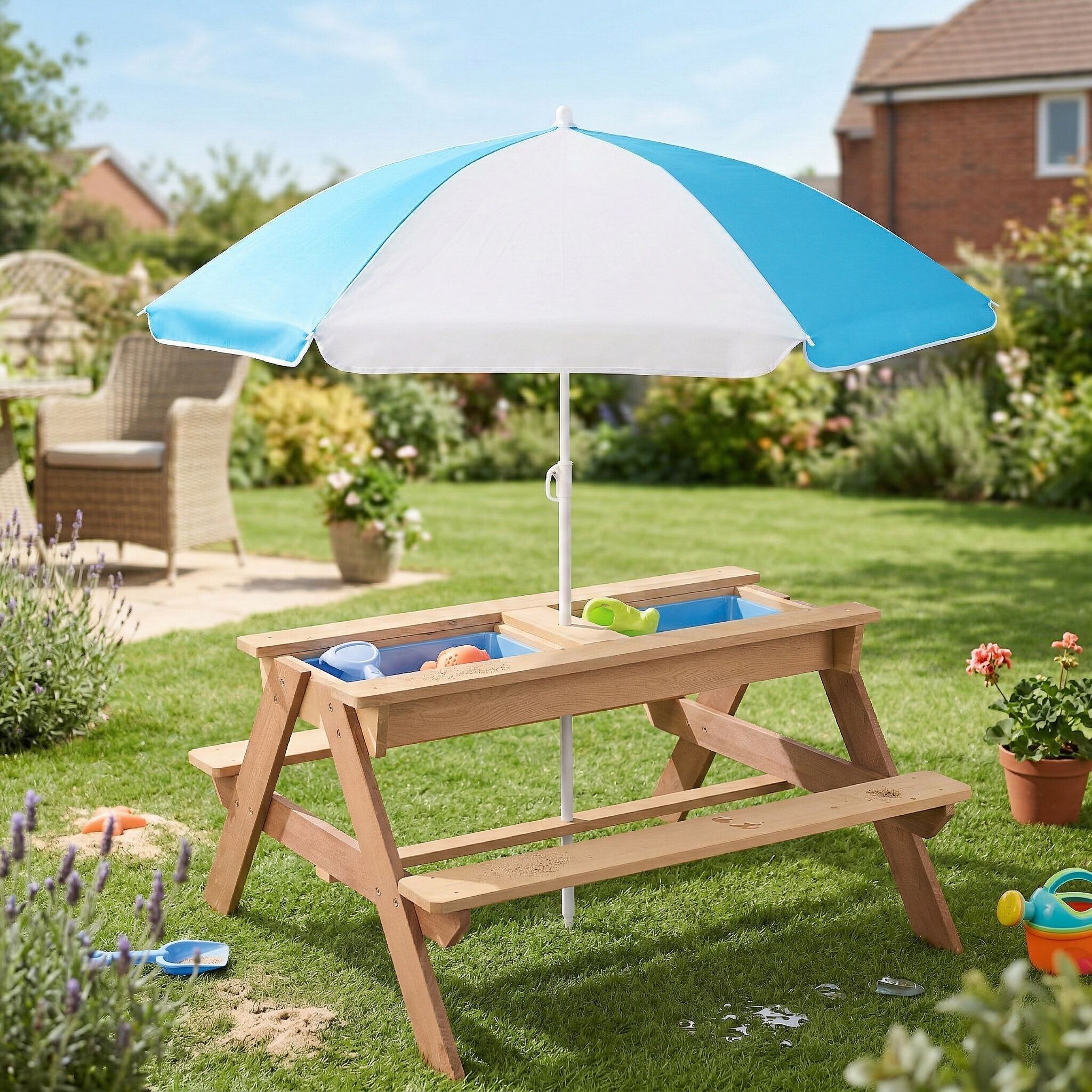 AAZJ - 3-in-1 Kids Outdoor Wooden Picnic Table With Umbrella Rectangle Outdoor Balcony Table 35-i...
