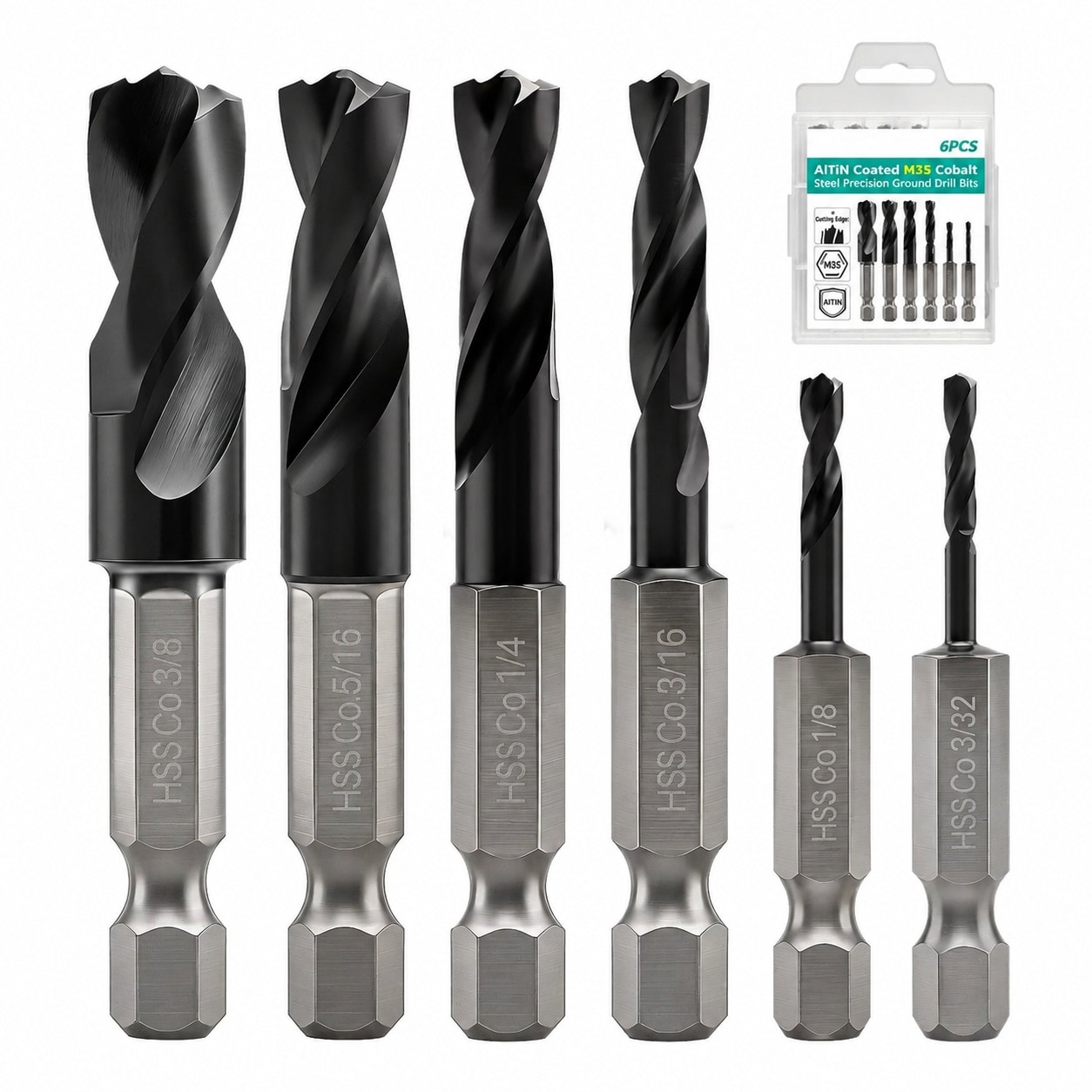 JVFCXXV  6 pcs Cobalt Stubby Drill Bit Set TiAlN Coated M35 Steel 7 Cutting Edges 135 Degree Split Point Short Bits for Metal Stainless Steel