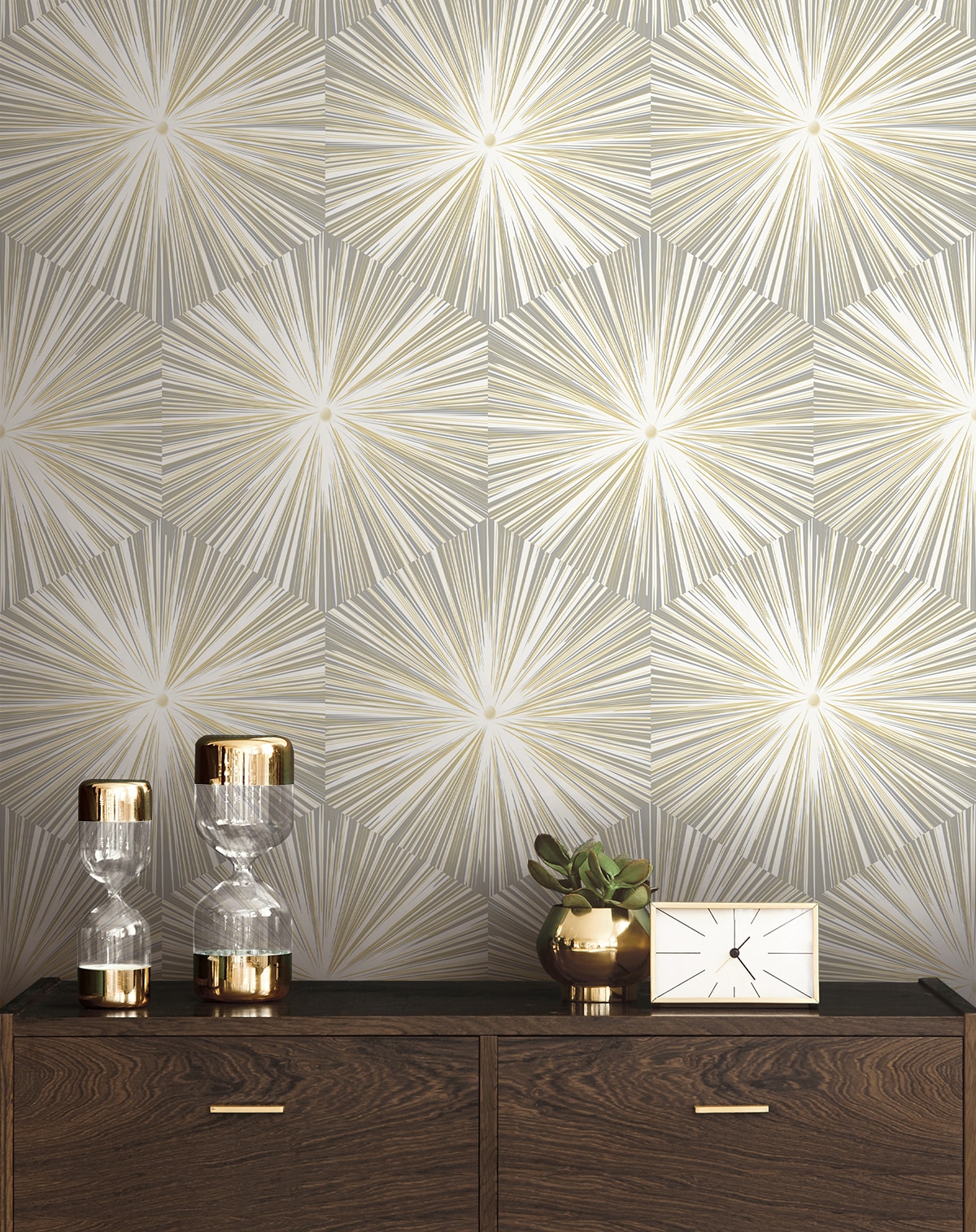 Grey and Metallic Gold Hex Starburst Peel and Stick Wallpaper