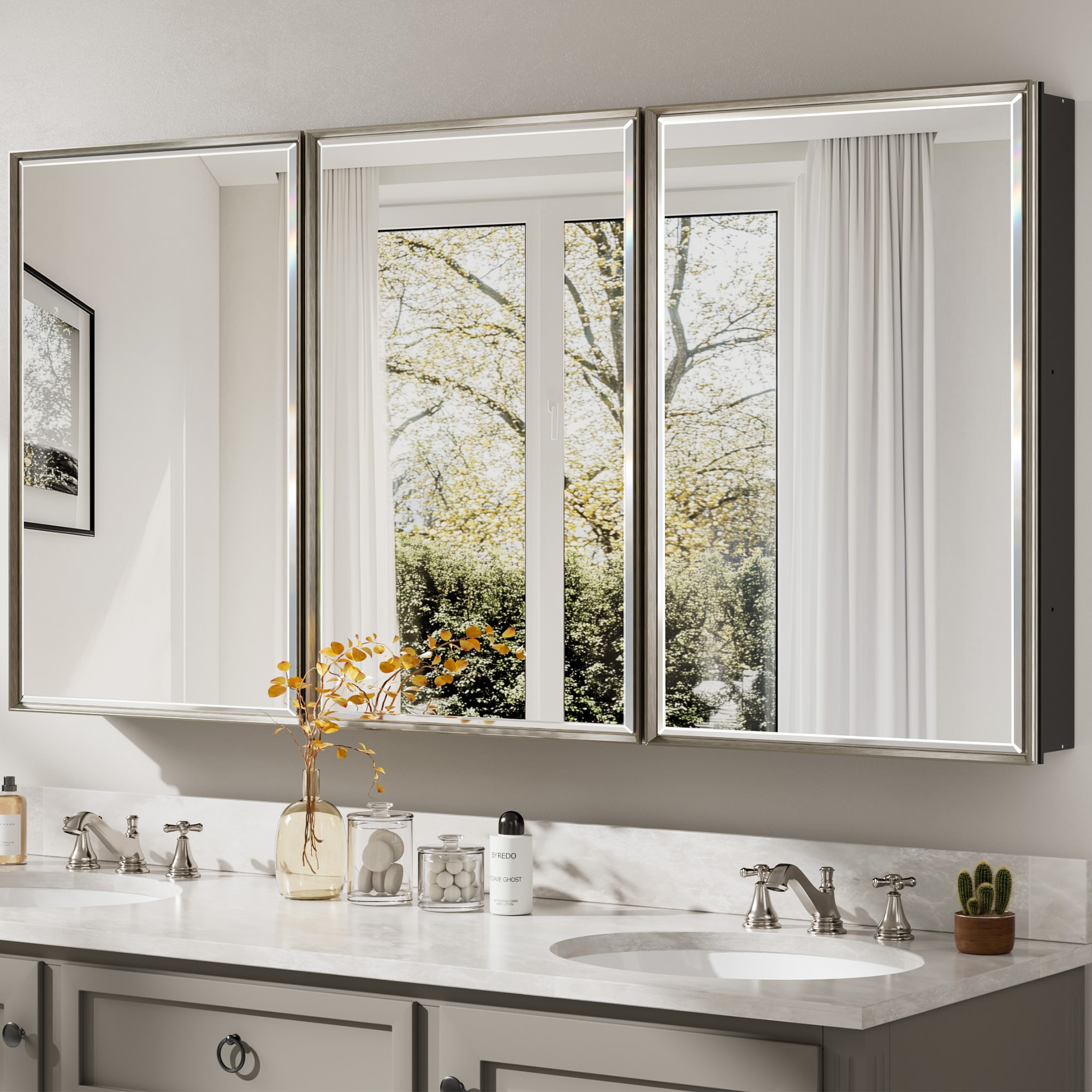 QueenFun MCBB6030BN Medicine Cabinets Mirrors 60-in x 30-in Surface/Recessed Mount Brushed Nickel Mirrored Rectangle Soft Close Medicine Cabinet