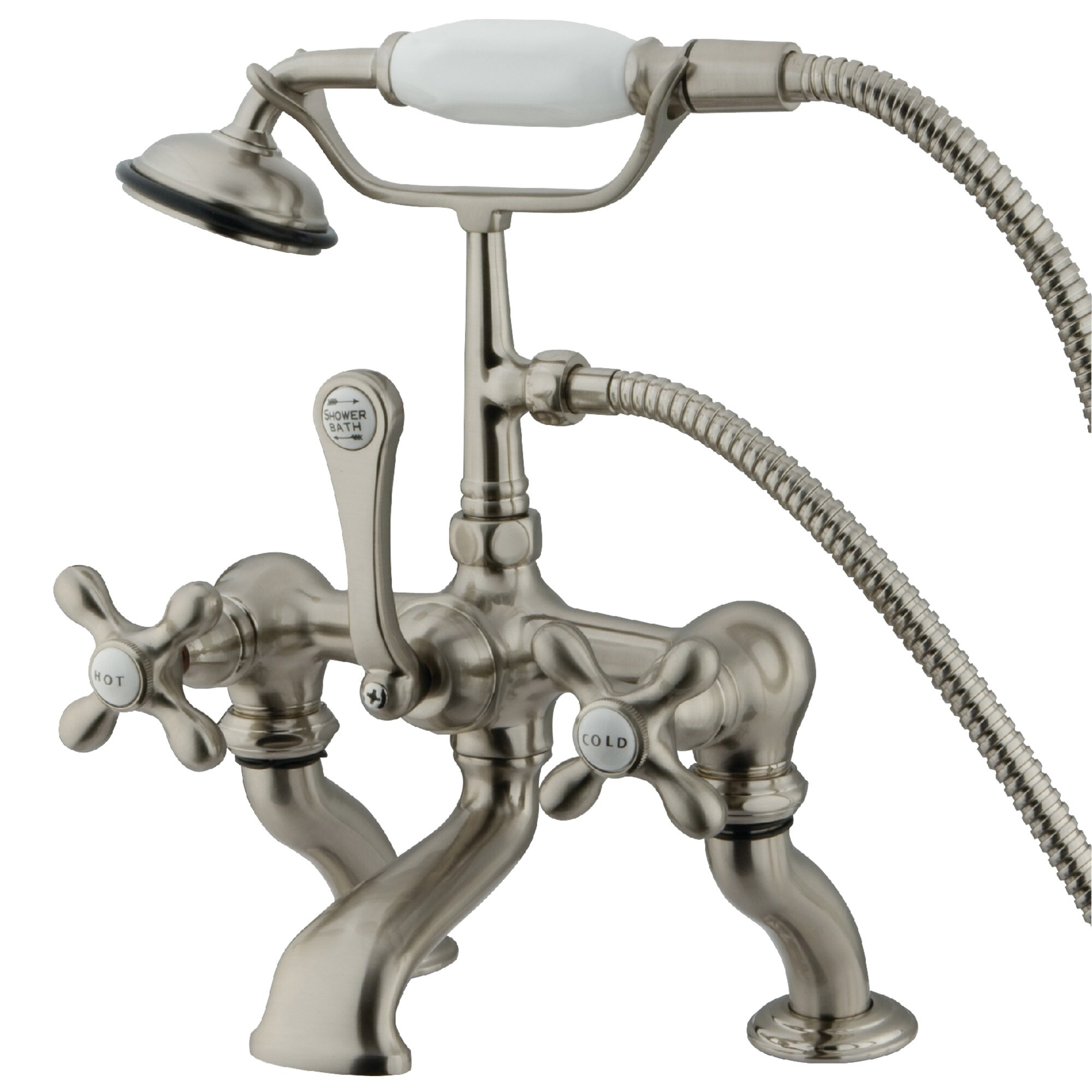 Kingston Brass WLCC415T8 Vintage Brushed nickel 3-handle Deck-mount Roman Low-arc Bathtub Faucet with Hand Shower ( Valve Included )