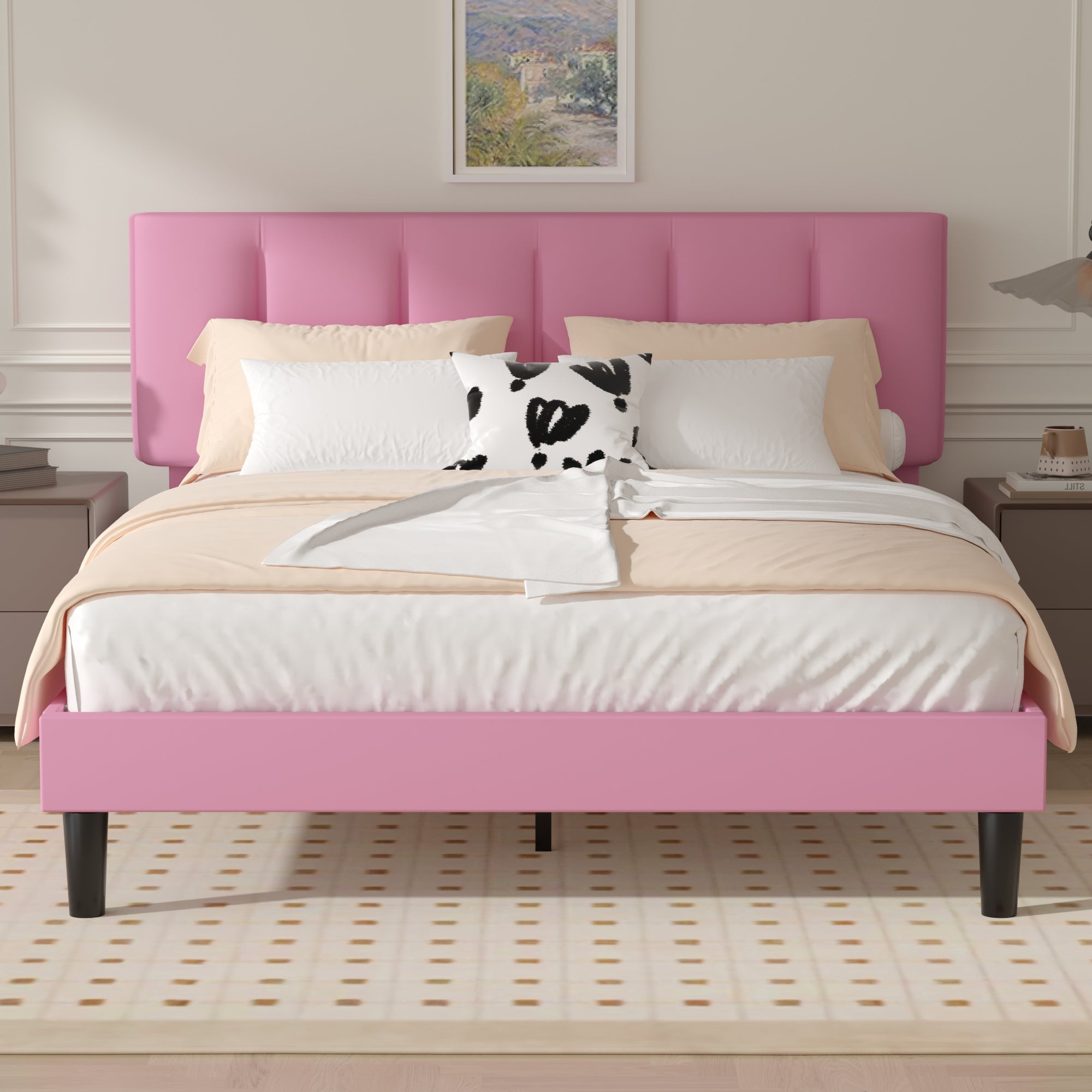 Vecelo LOE-CY-QB04-PNK Queen Bed Frame with Upholstered Adjustable Headboard Heavy Duty Platform Bed Frame with Strong Wooden Slats Support Pink