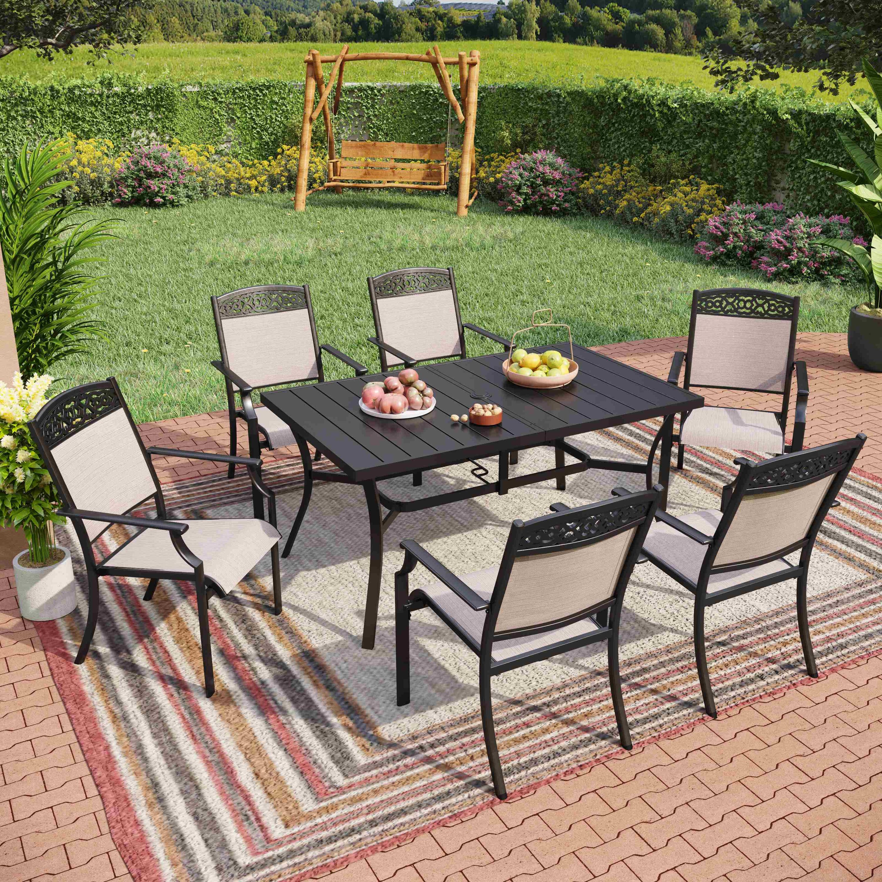 Sunshine Valley COCOS 7-Piece Black Patio Dining Set with 6 Stationary  Chairs and Off-white in the Patio Dining Sets department at Lowes.com